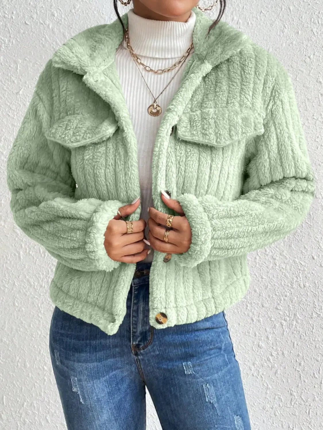 Lippy Fuzzy Button Up Collared Neck Jacket - ThingsWeUseAndLove Light-Green-2XL