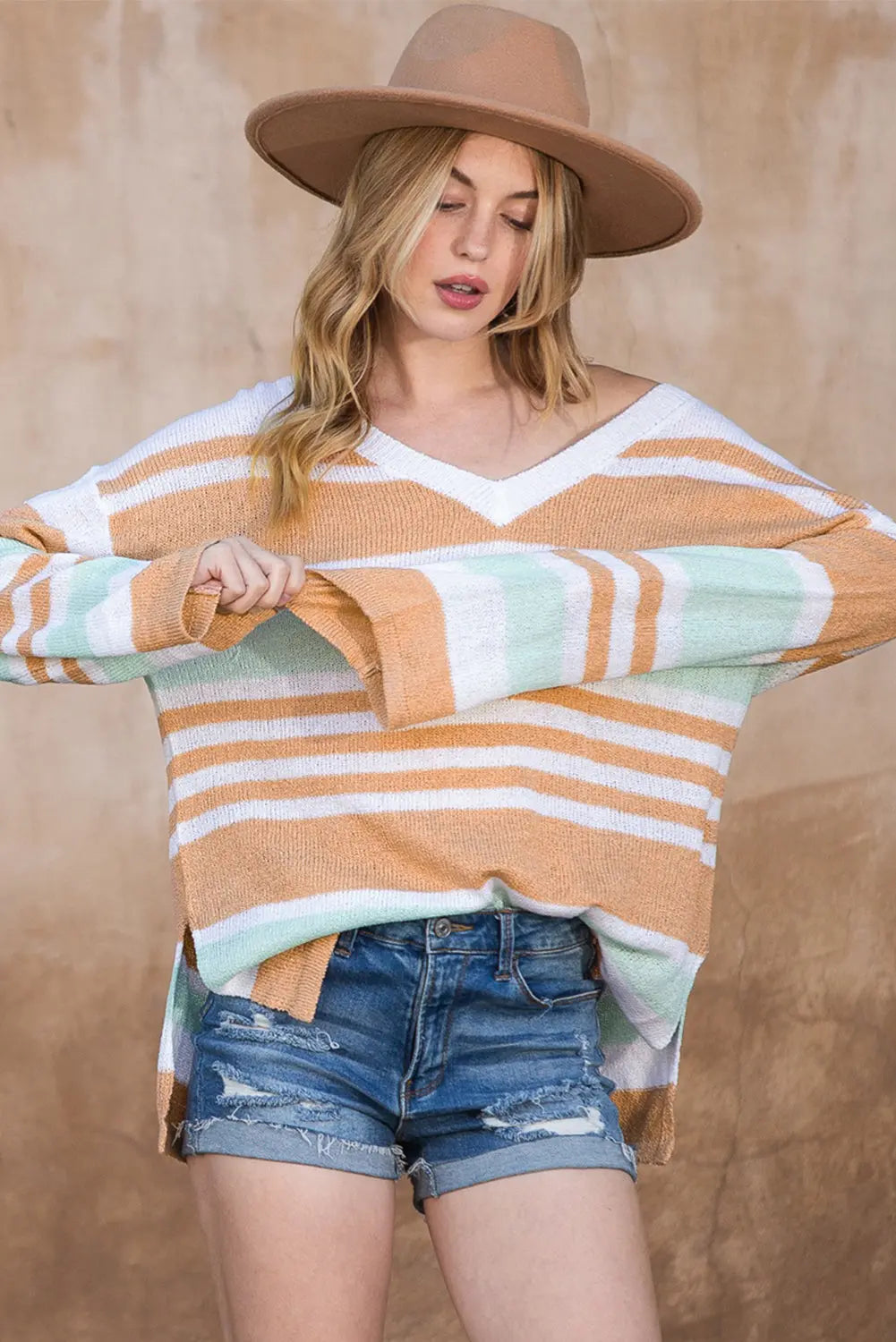 Multicolor Colorblock Stripe V Neck Split Sweater - ThingsWeUseAndLove 