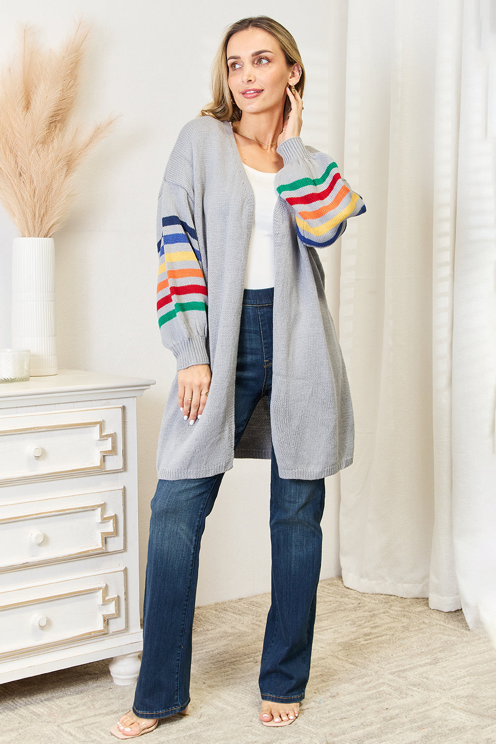 Multicolored Stripe Open Front Longline Cardigan - ThingsWeUseAndLove