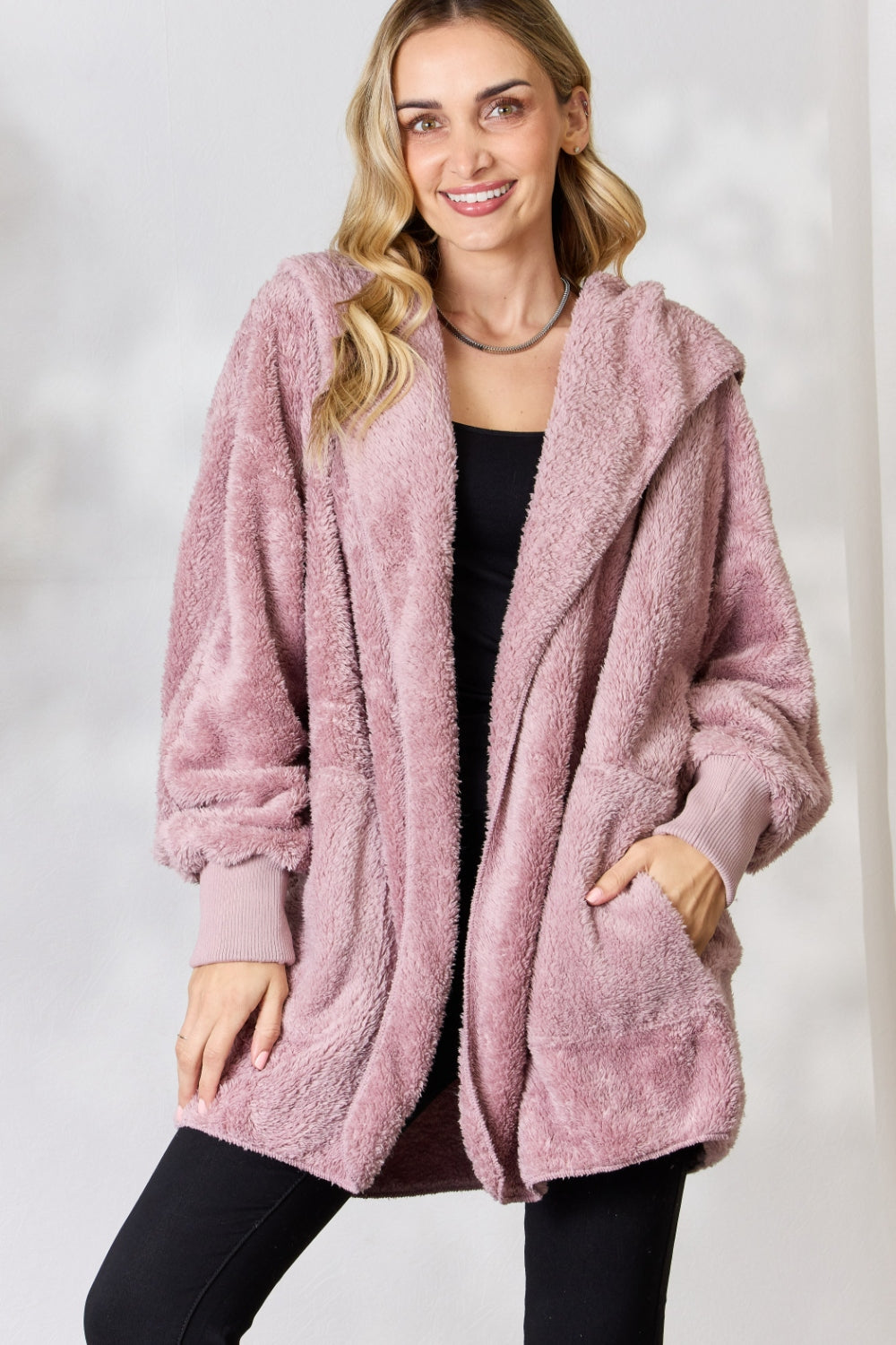 Faux Fur Open Front Hooded Jacket - ThingsWeUseAndLove