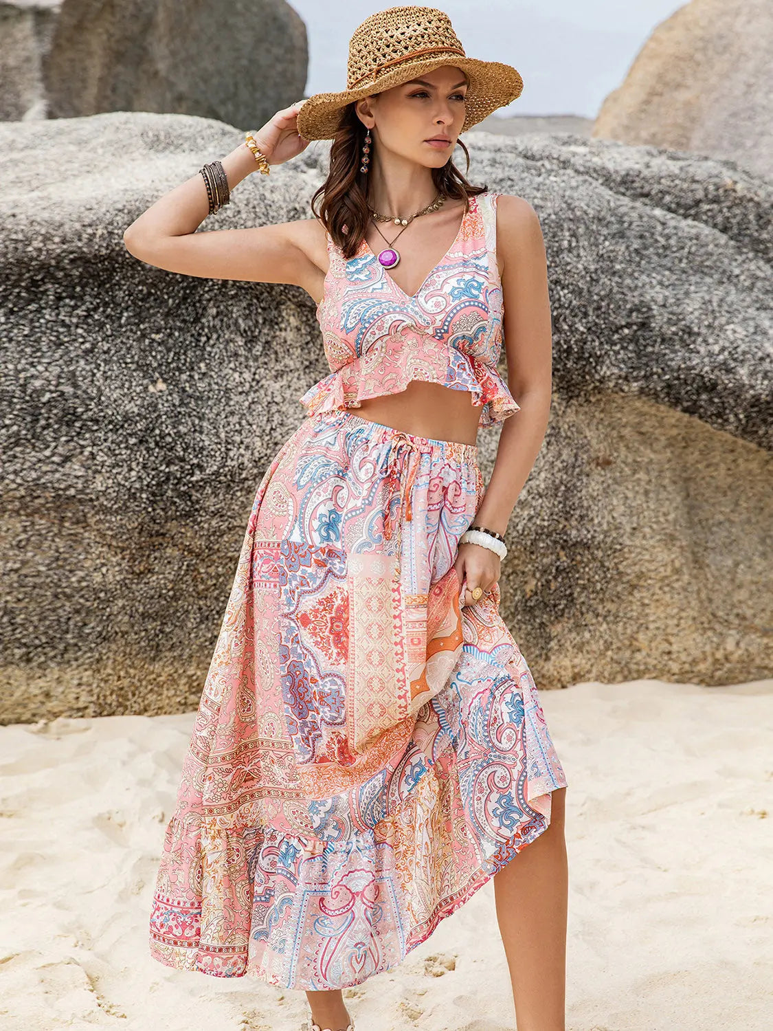 Printed V-Neck Top and Midi Skirt Set - ThingsWeUseAndLove 