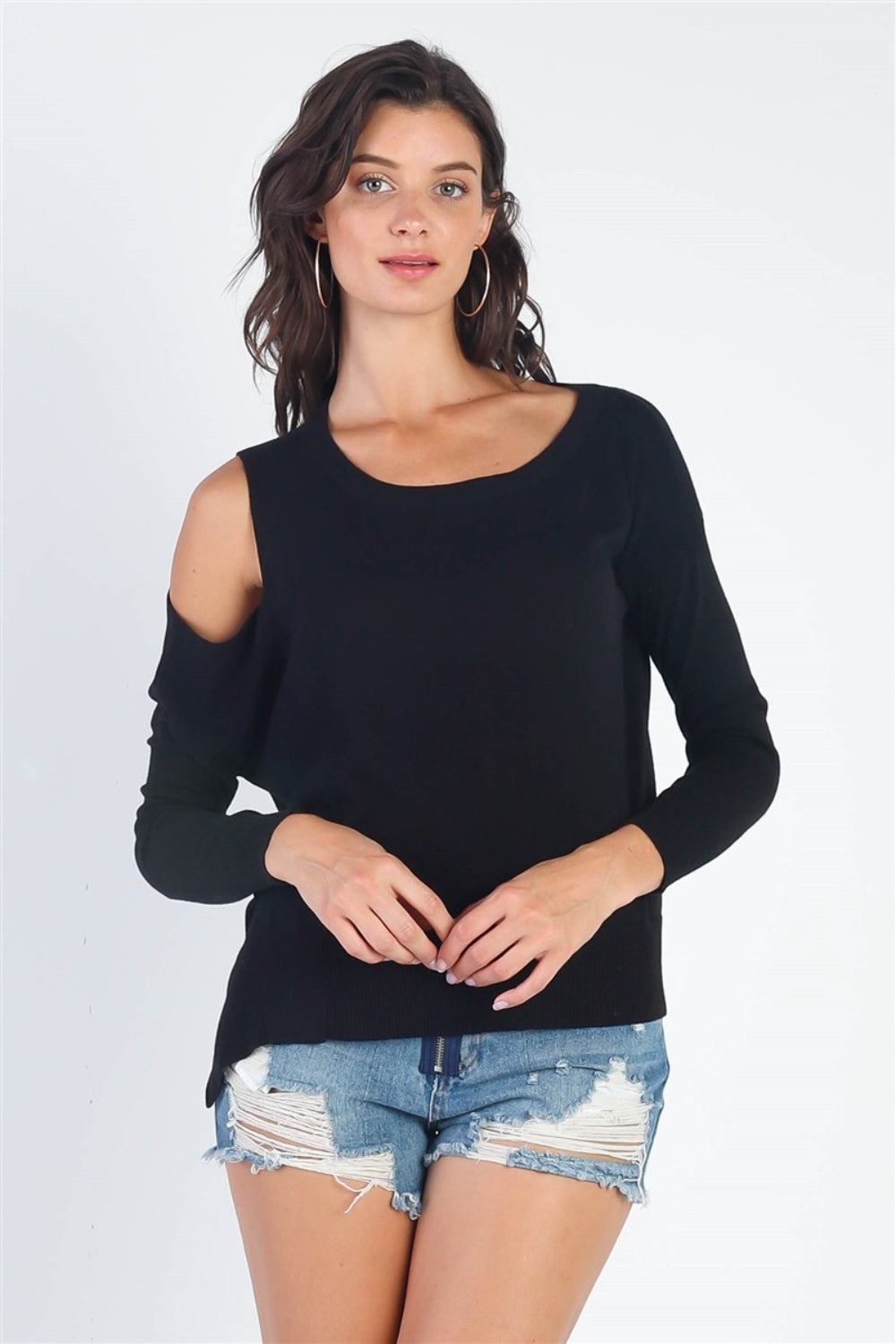 Long-Sleeve Cold Shoulder Knit Top - ThingsWeUseAndLove Black-L