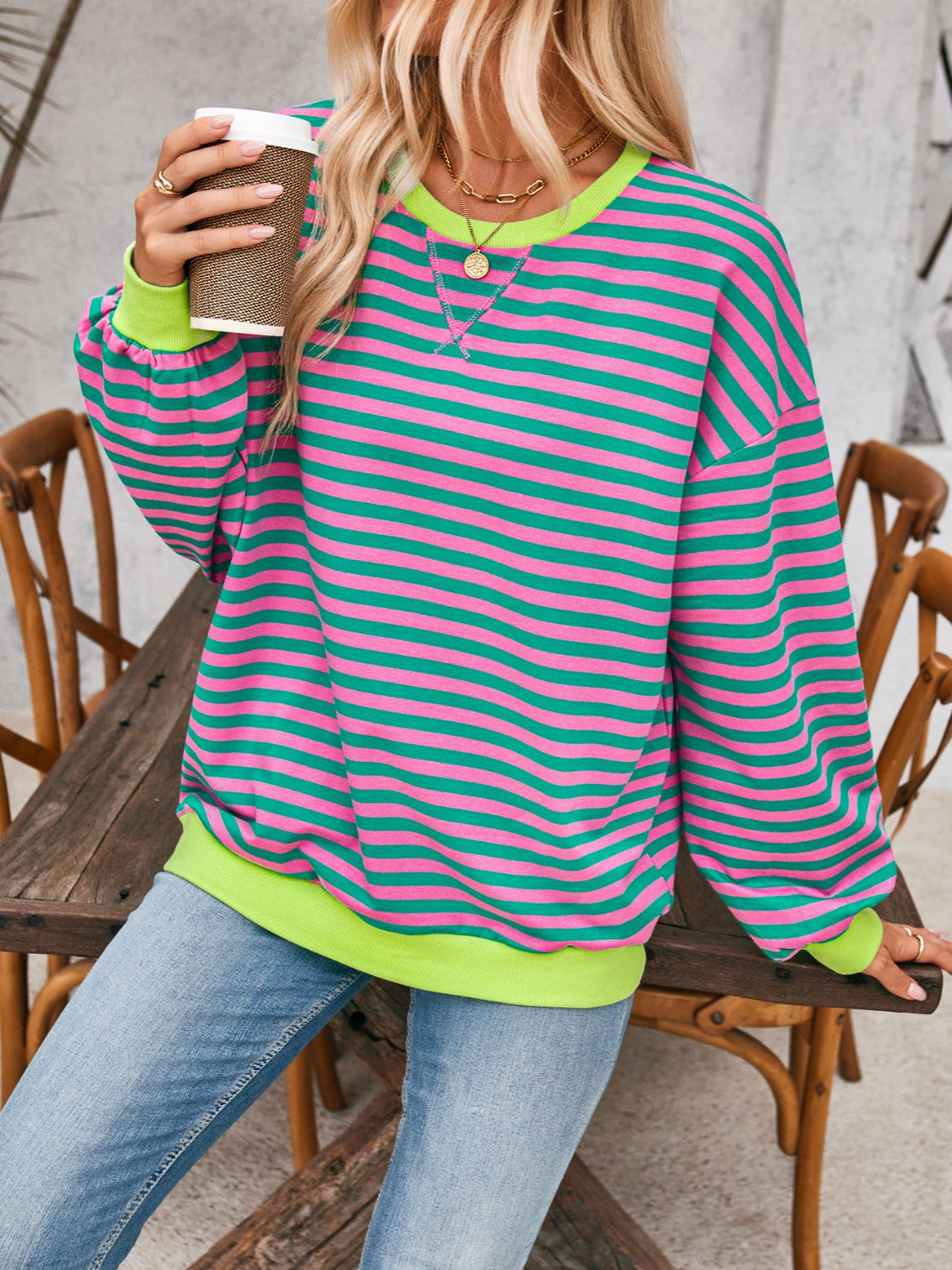 Aviana Contrast Striped Long Sleeve Sweatshirt - ThingsWeUseAndLove Cerise-XL