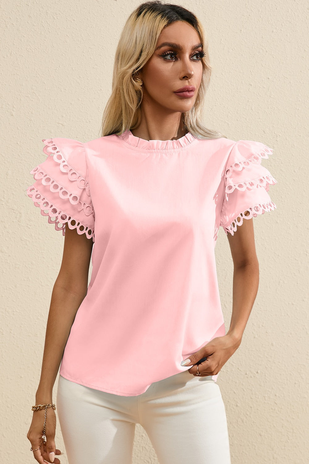 Ruffled Eyelet Round Neck Cap Sleeve Blouse - ThingsWeUseAndLove 