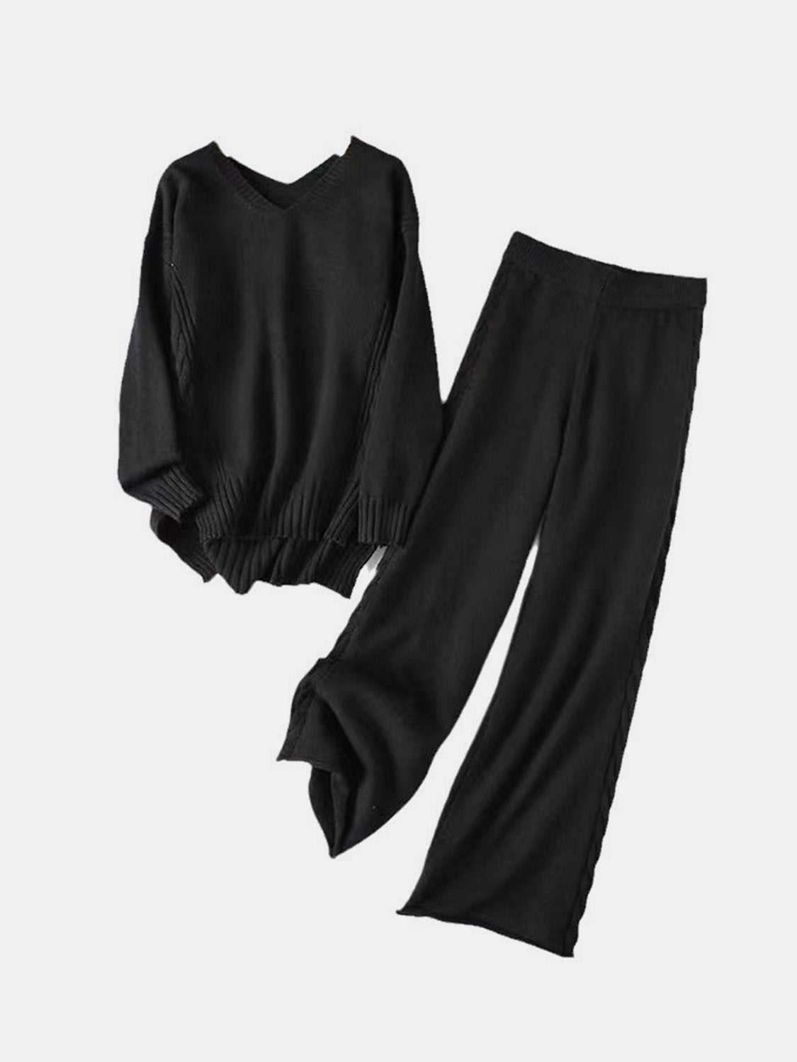 V-Neck Long Sleeve Top and Pants Sweater Set