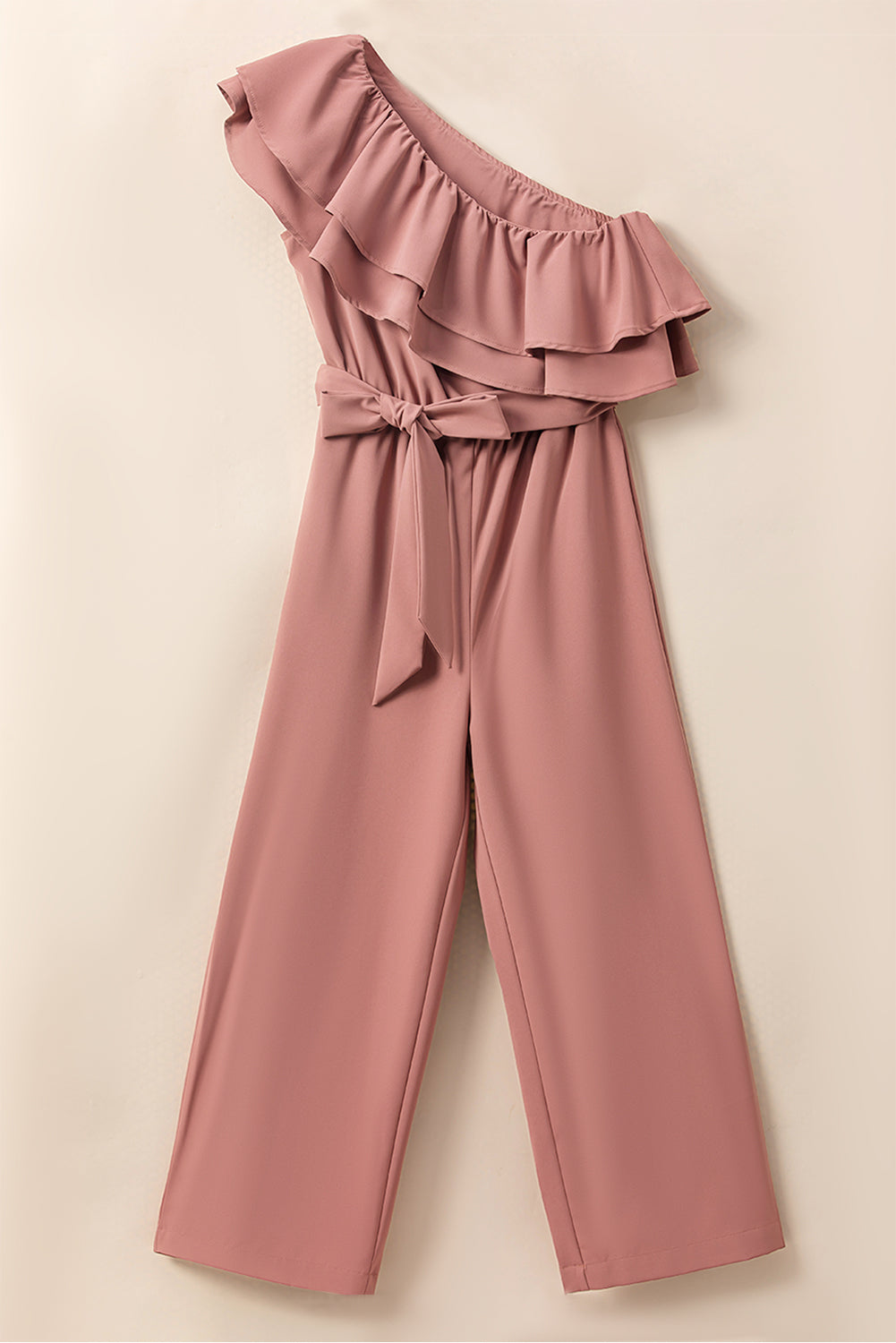 Dusty Pink Asymmetric Shoulder Ruffle Trim Belted Jumpsuit - ThingsWeUseAndLove 