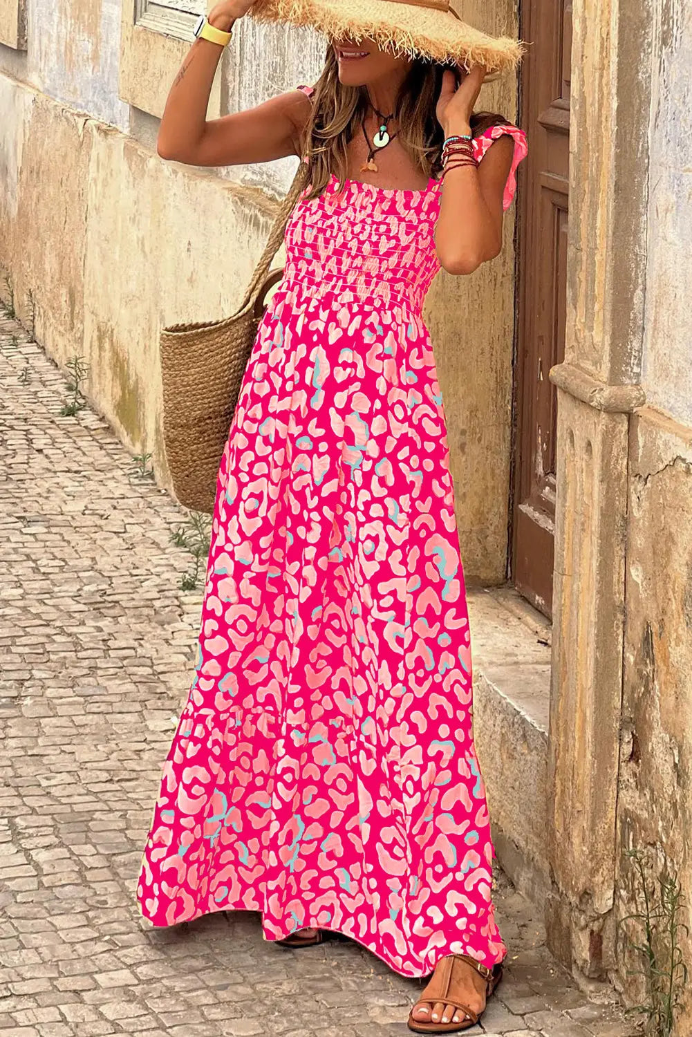 Rose Leopard Ruffle Straps Smocked High Waist Maxi Dress - ThingsWeUseAndLove Pink-XL