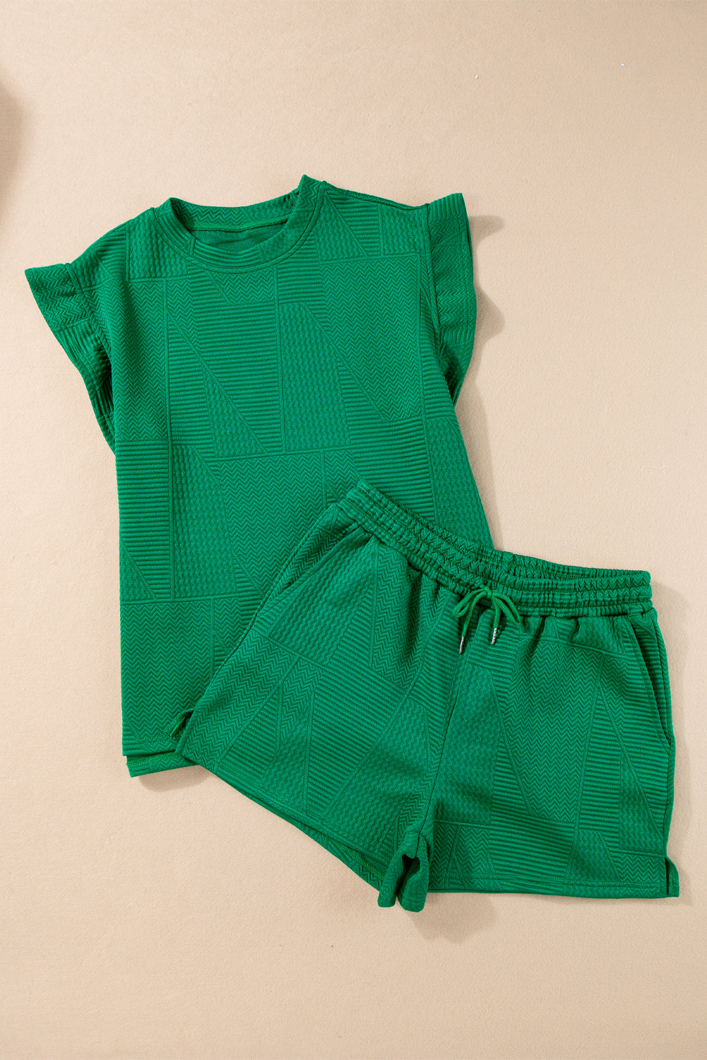 Dark Green Textured Ruffle Split Top and Drawstring Shorts - ThingsWeUseAndLove 