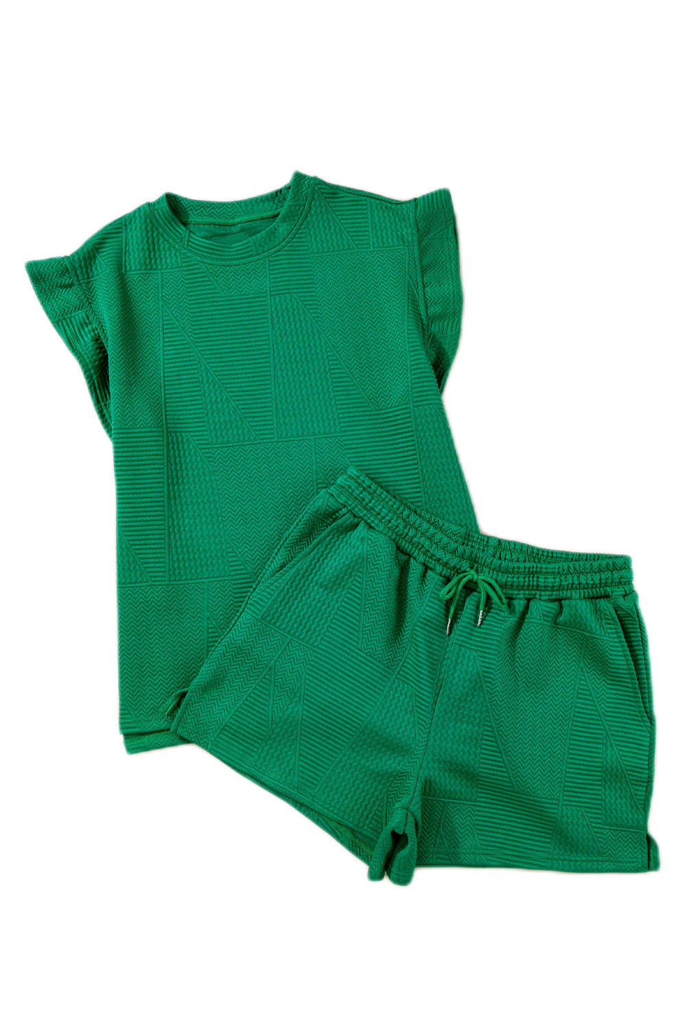 Dark Green Textured Ruffle Split Top and Drawstring Shorts - ThingsWeUseAndLove 