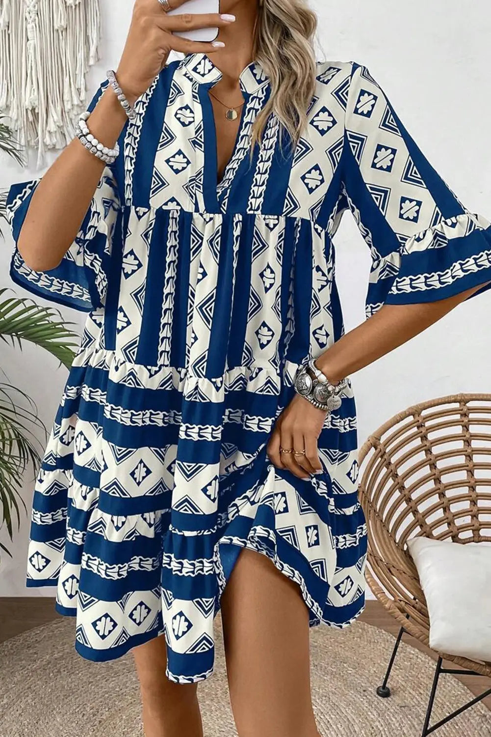 Black Abstract Print Bell Sleeve V Neck Boho Dress - ThingsWeUseAndLove Blue-XL