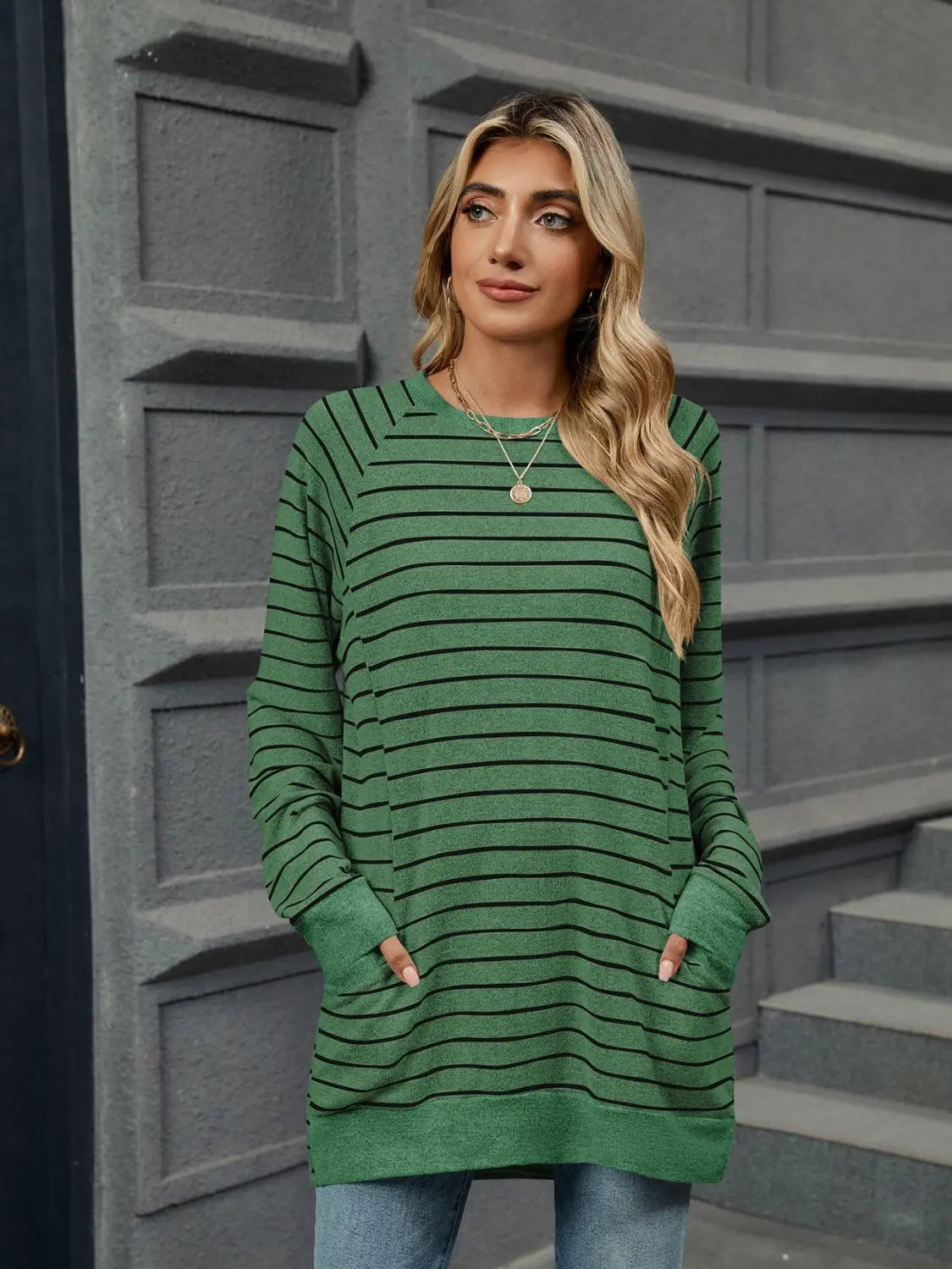 Round Neck Long Sleeve Pocketed Striped Sweater - ThingsWeUseAndLove Dark-Green-2XL