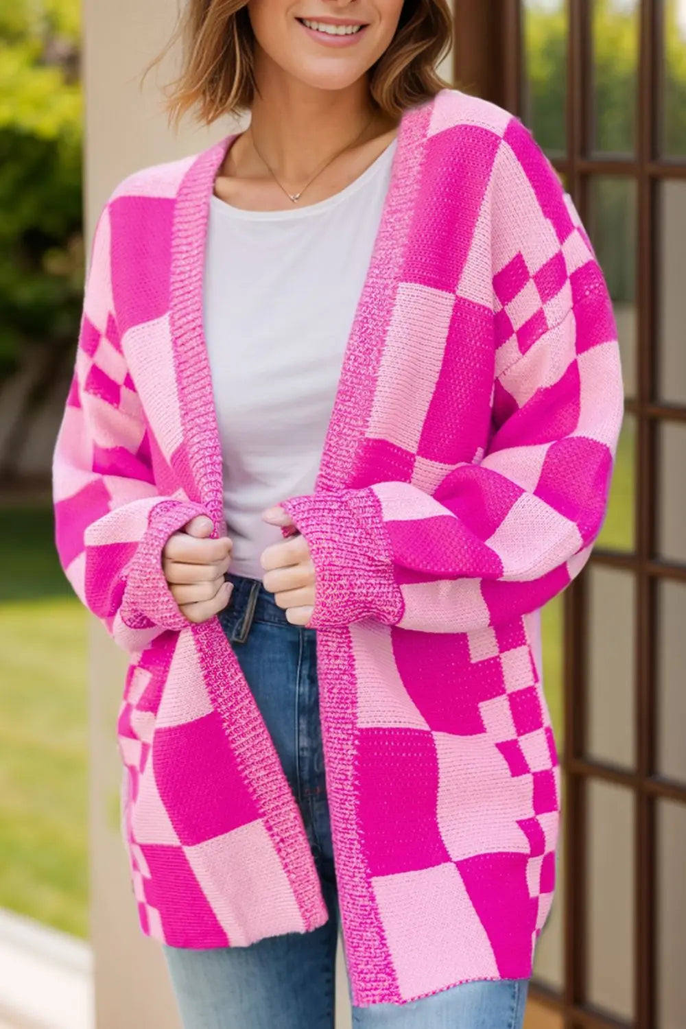 Helena Checkered Open Front Long Sleeve Cardigan - ThingsWeUseAndLove Hot-Pink-XL