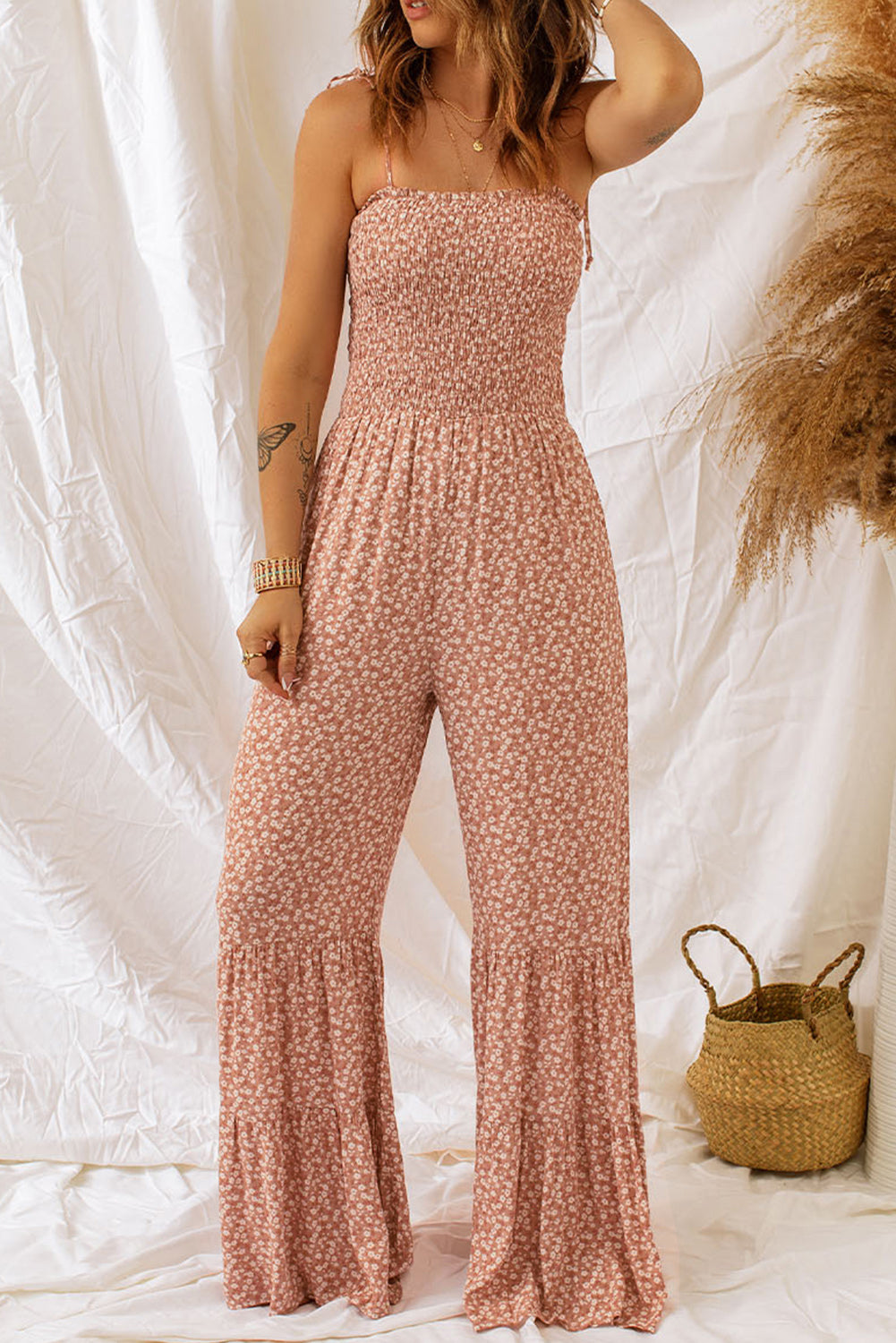 Floral Thin Straps Smocked Bodice Wide Leg Jumpsuit - ThingsWeUseAndLove 