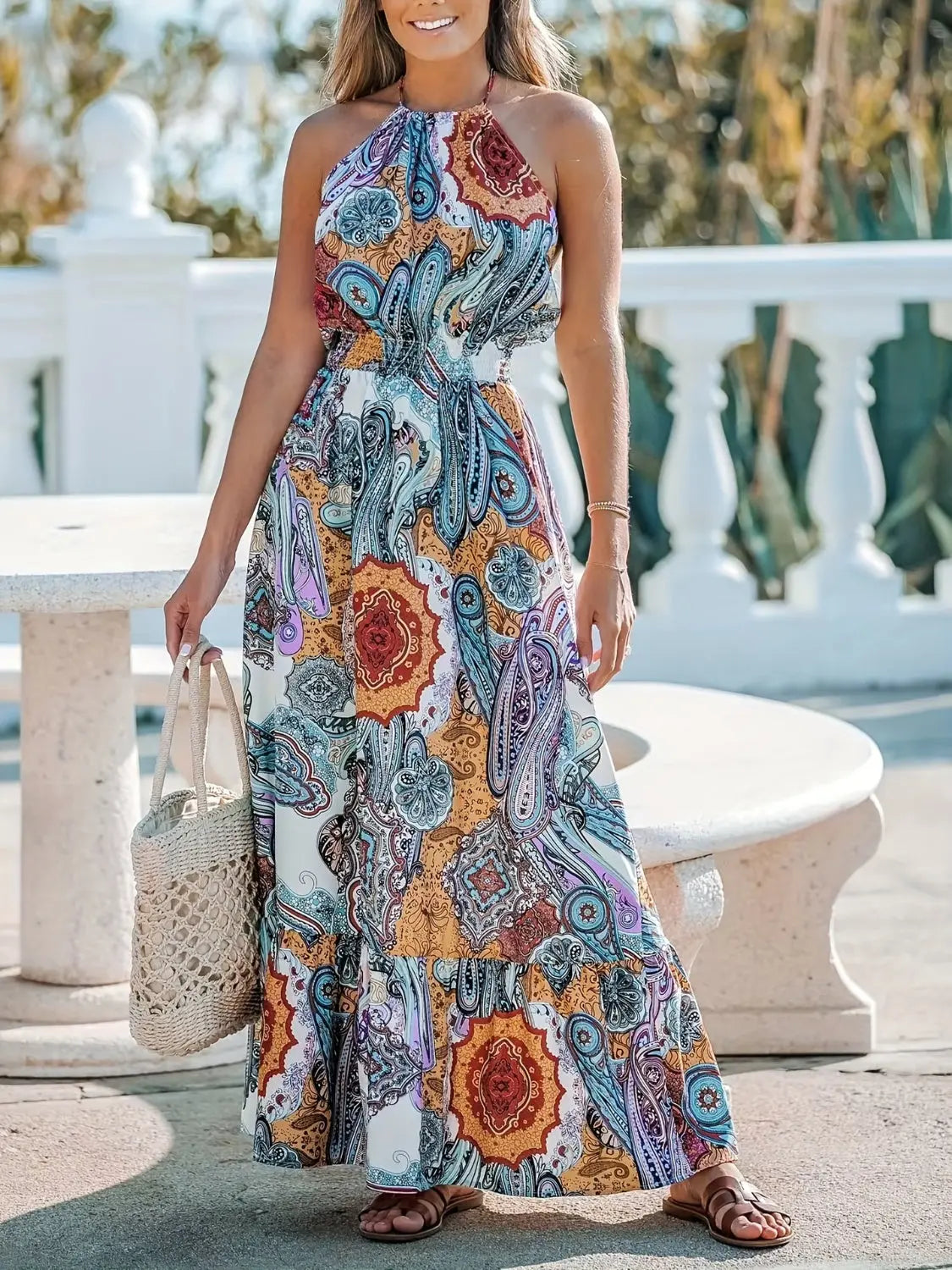 Halter Neck Printed Maxi Dress - ThingsWeUseAndLove Pastel-Blue-2XL