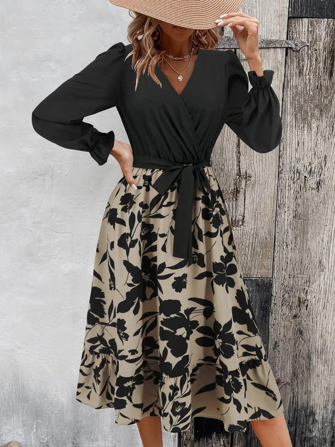 Tied Ruffled Printed Long Sleeve Dress - ThingsWeUseAndLove 