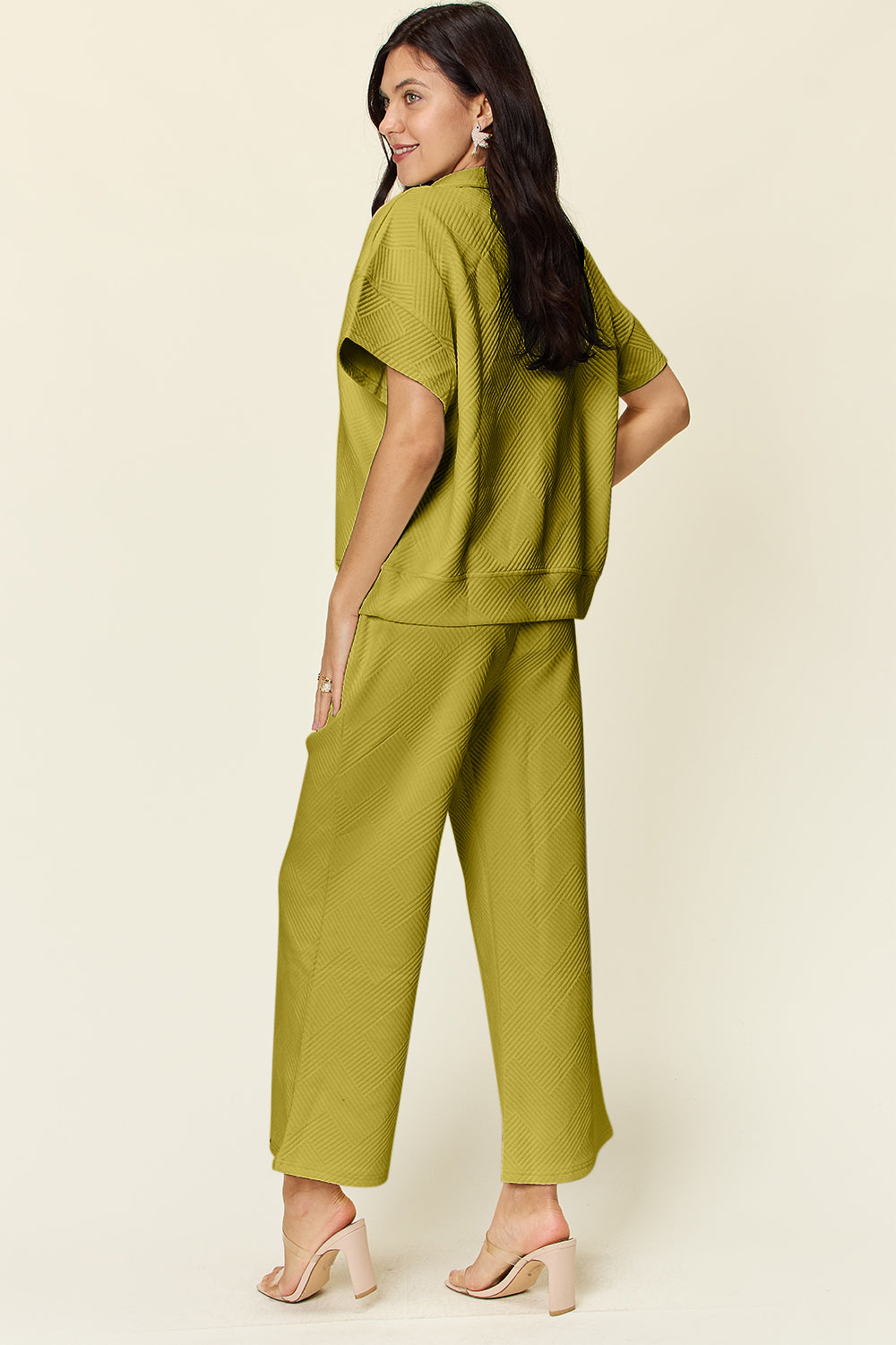 Texture Half Zip Short Sleeve Top and Pants Set - ThingsWeUseAndLove 