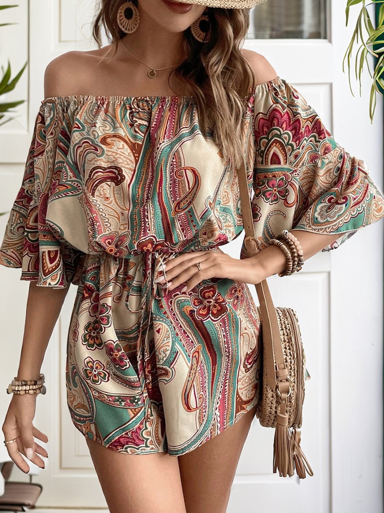 Harwin Off Shoulder Half Sleeve  Printed Romper - ThingsWeUseAndLove 