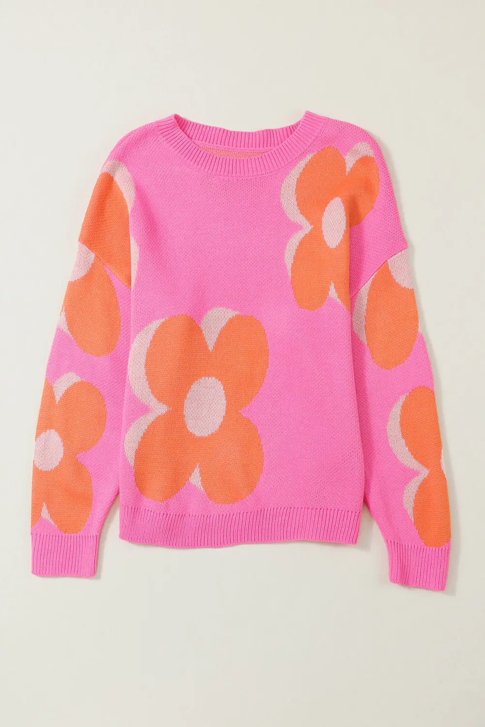 Pink & Orange 60s Floral Cable Knitted Sweater - ThingsWeUseAndLove 