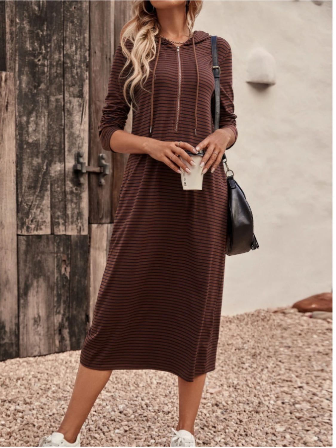 Striped Zip Front Hooded Dress - ThingsWeUseAndLove 