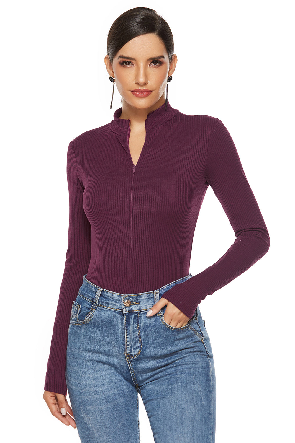 Ribbed Half Zip Long Sleeve Bodysuit - ThingsWeUseAndLove