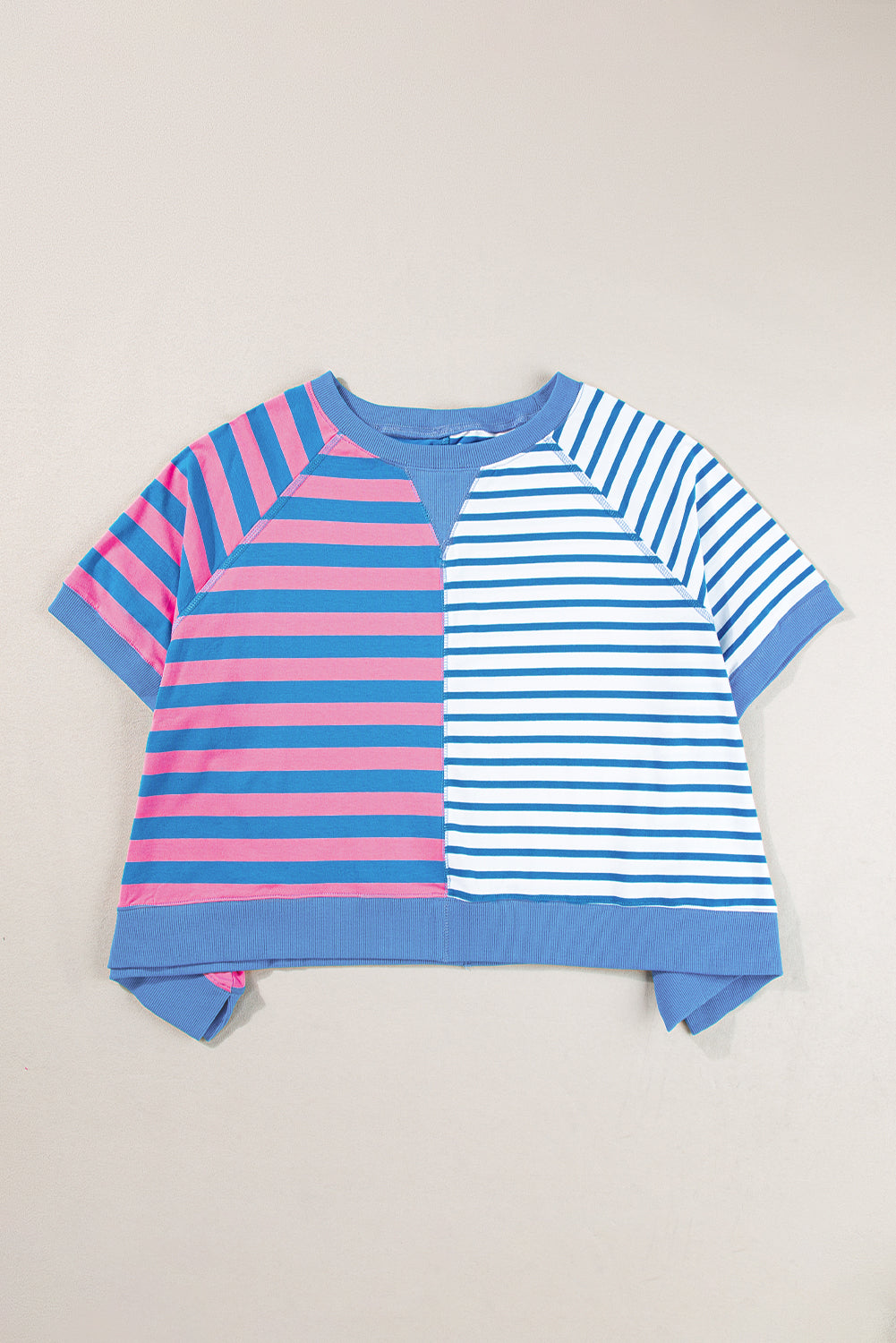 Pink Stripe Contrast Patchwork Oversized T Shirt - ThingsWeUseAndLove 