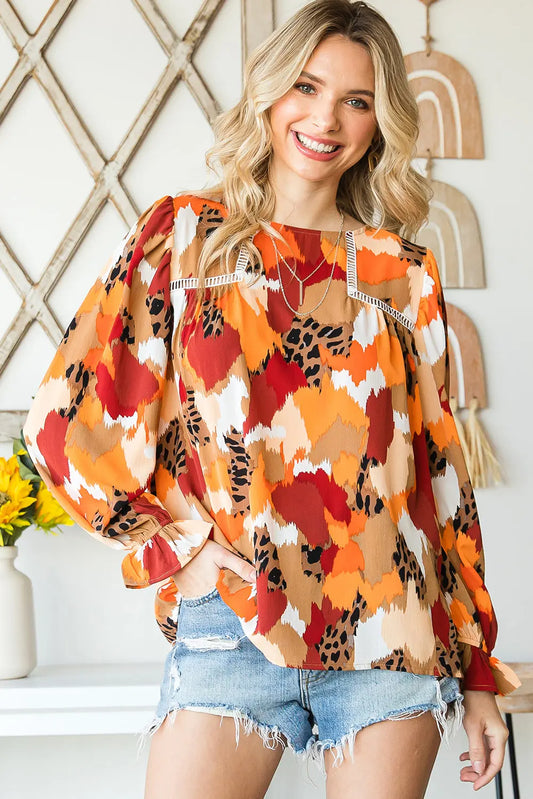 Boho Frill Multicolor Abstract Print Long Sleeve Blouse - ThingsWeUseAndLove 