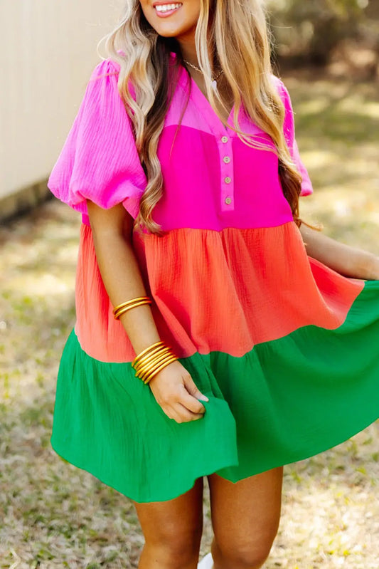 Multicolor Color Block Tiered Puff Sleeve Dress - ThingsWeUseAndLove Multicolor-XL