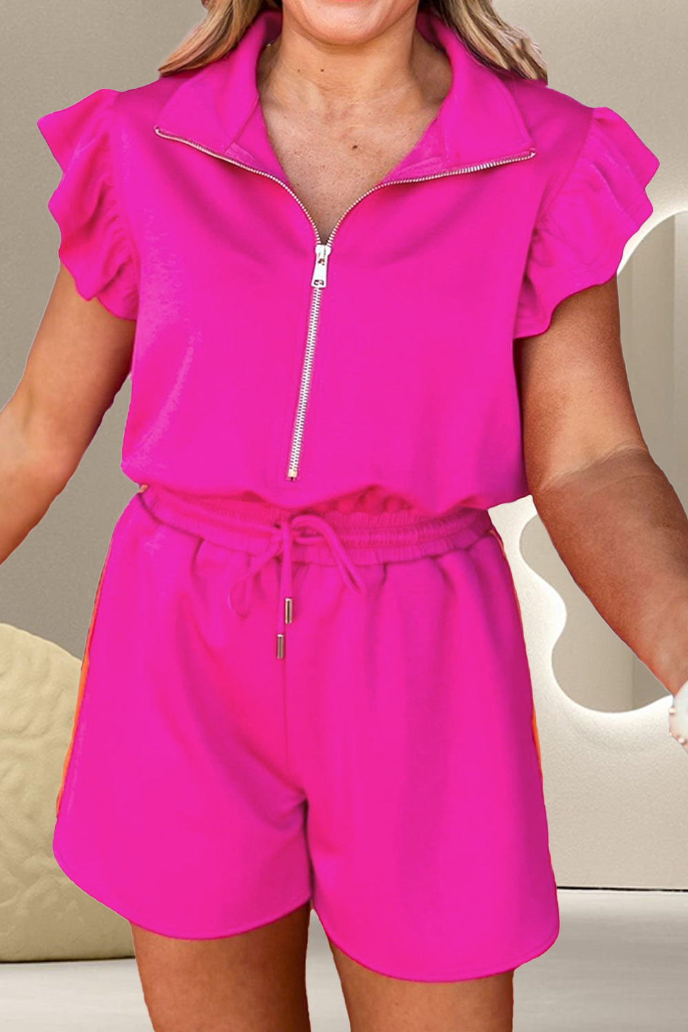 Brisa Half Zip Cap Sleeve Ruffled Romper - ThingsWeUseAndLove Hot-Pink-XL