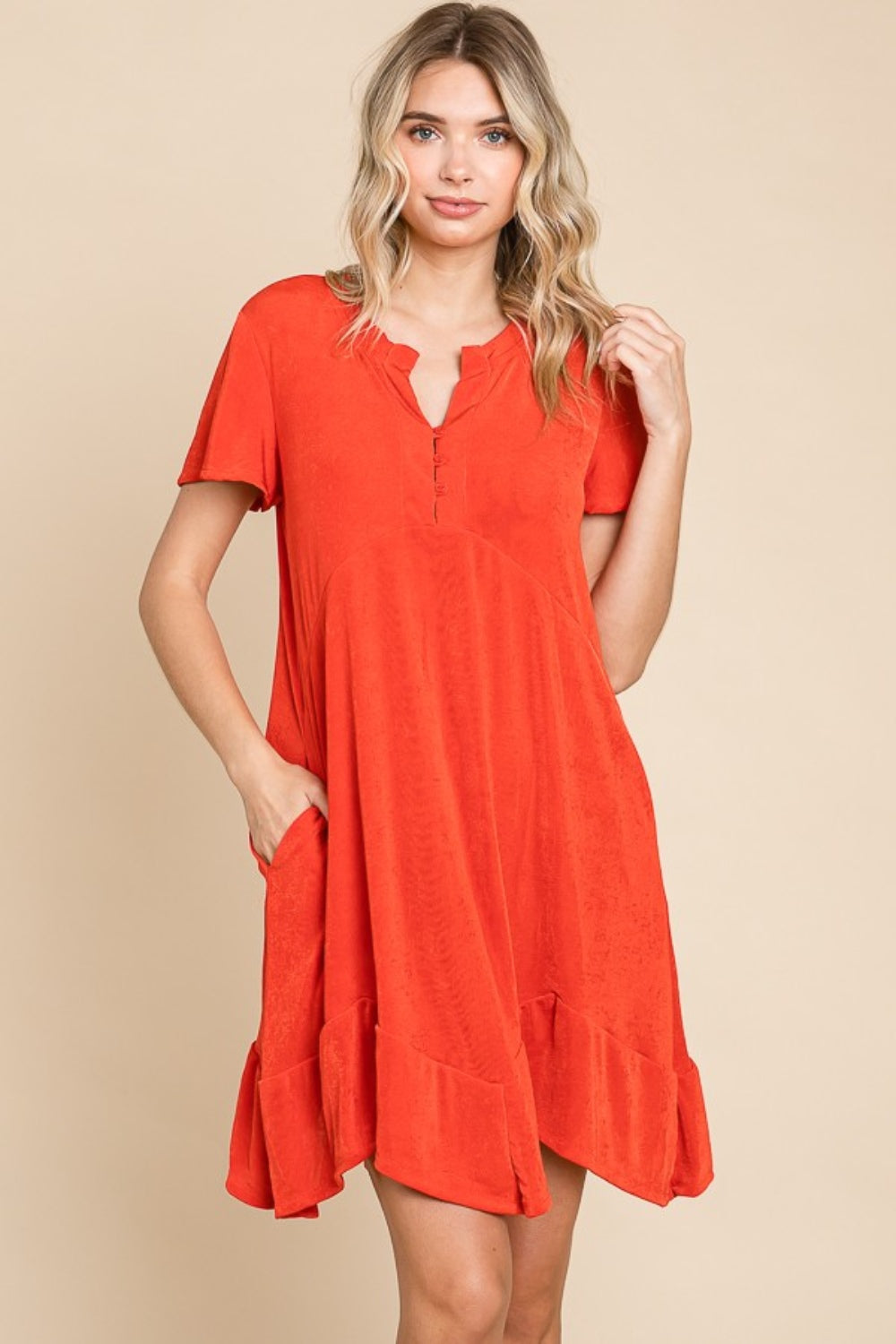 Simple Elegant Scarlet Short Sleeve Ruffled Asymmetric Hem Dress - ThingsWeUseAndLove Scarlet-3XL