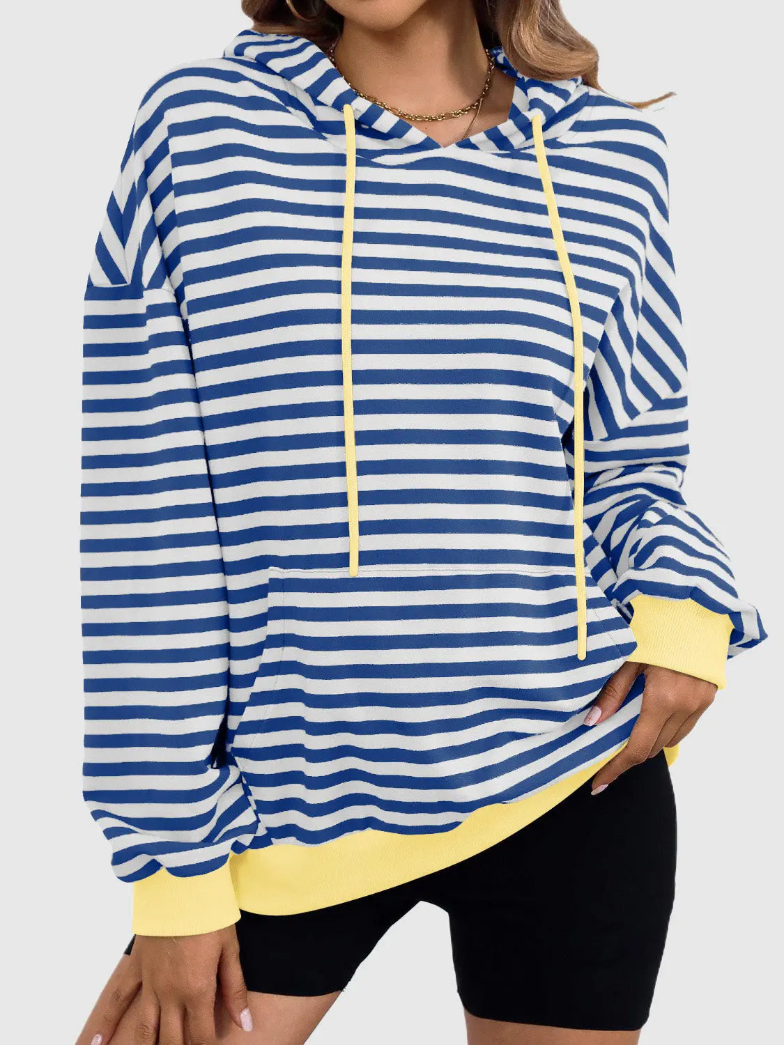 Drawstring Striped Long Sleeve Hoodie - ThingsWeUseAndLove Royal-Blue-XL