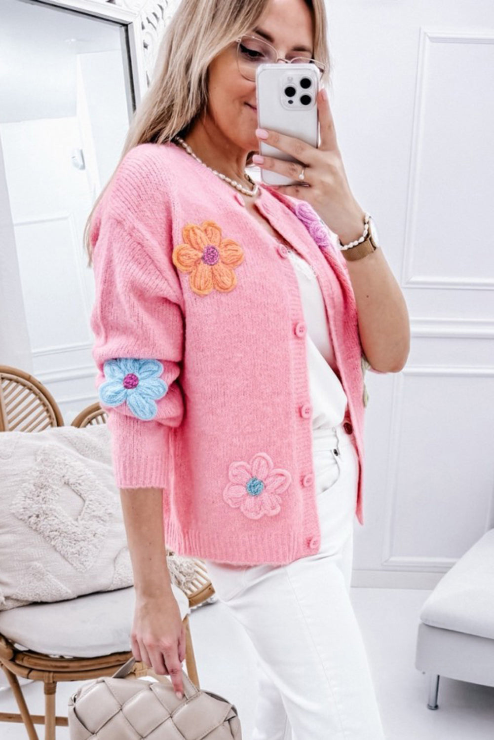 White Cute Flower Pattern Button-Up Cardigan - ThingsWeUseAndLove 