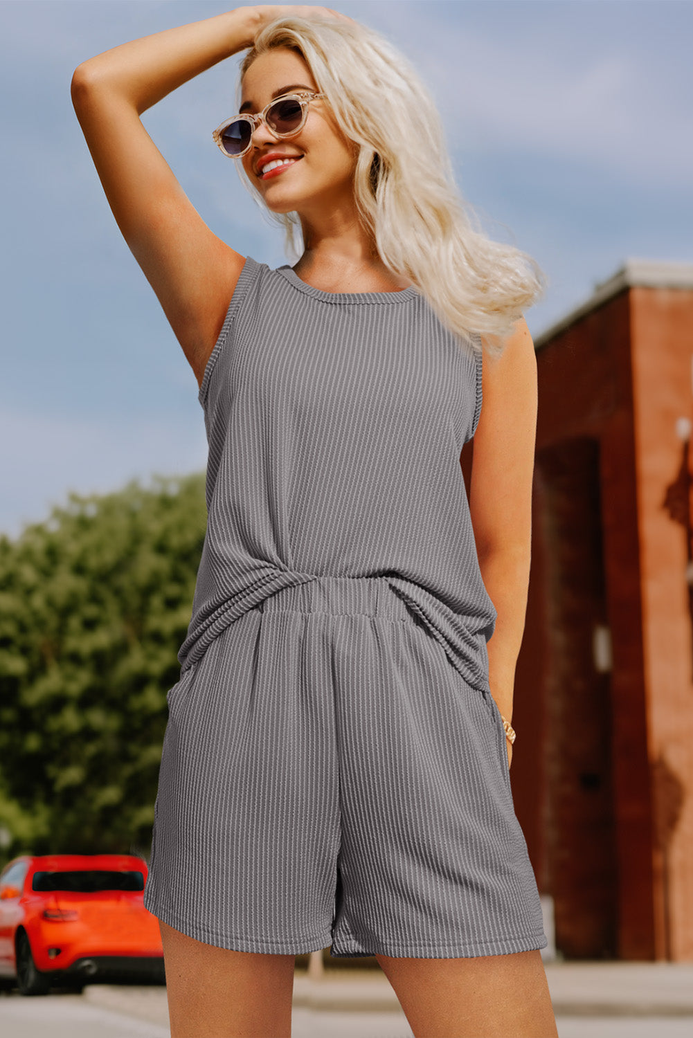 Smoke Gray Corded Sleeveless Top and Pocketed Shorts Set - ThingsWeUseAndLove 