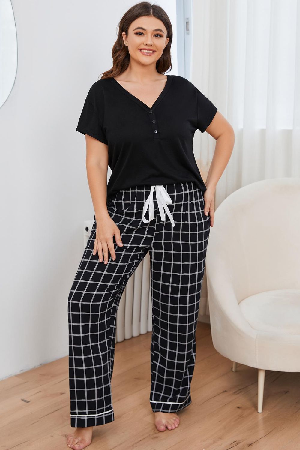 Dreamland Size Inclusive V-Neck Top and Plaid Pants Lounge Set - ThingsWeUseAndLove Black-4XL