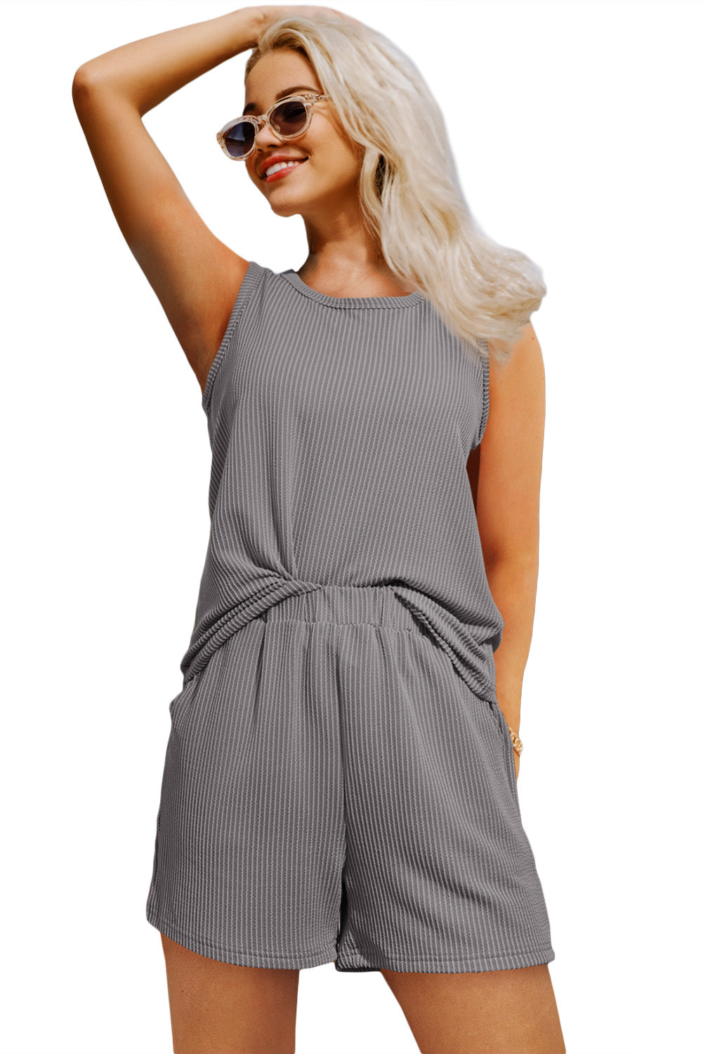 Smoke Gray Corded Sleeveless Top and Pocketed Shorts Set - ThingsWeUseAndLove 