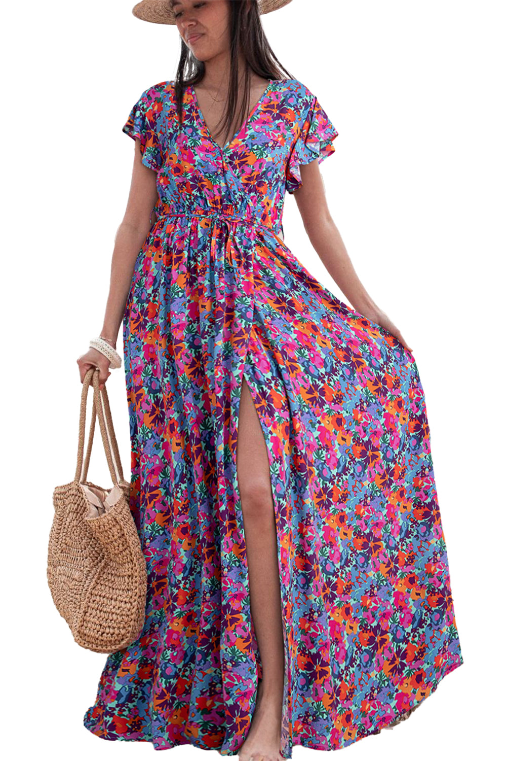 Blue Boho Floral Print V Neck Wrap Split Maxi Dress - ThingsWeUseAndLove 