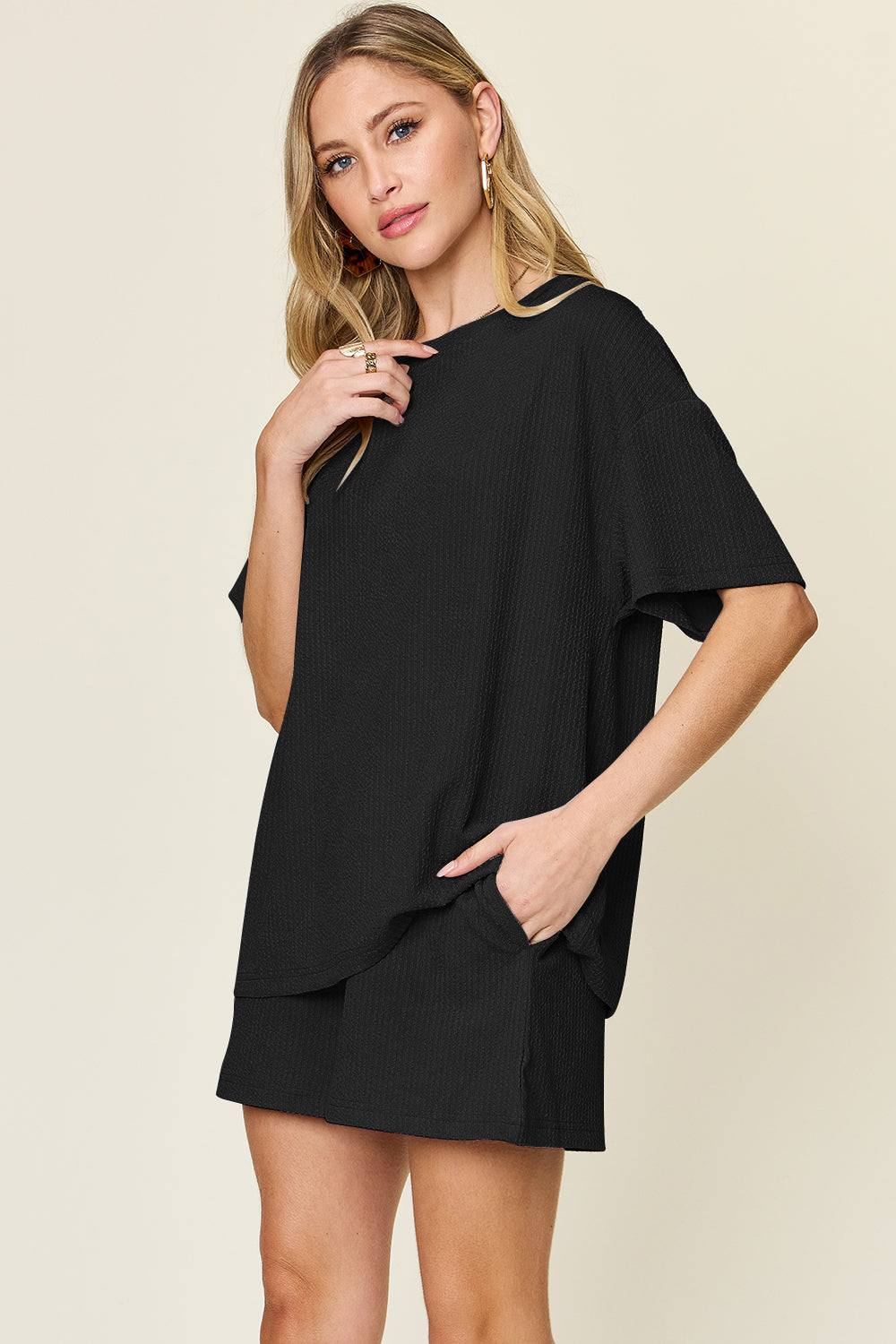 Double Take Full Size Round Neck Short Sleeve T-Shirt and Shorts Set - ThingsWeUseAndLove 