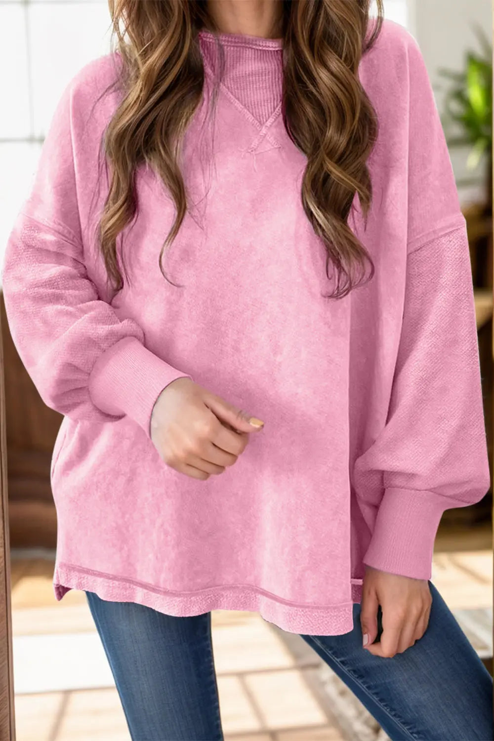 Sydney Round Neck Dropped Shoulder Sweatshirt - ThingsWeUseAndLove Pink-XL