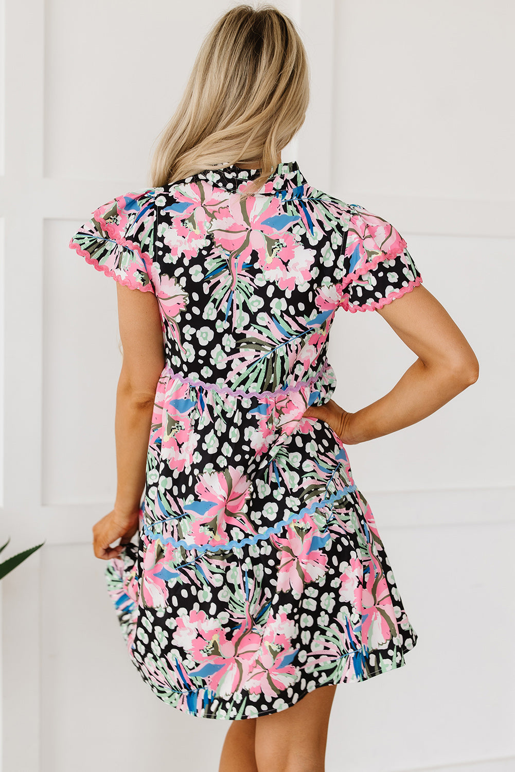 Pink Floral Ricrac Embellished Tiered Mini Dress - ThingsWeUseAndLove 