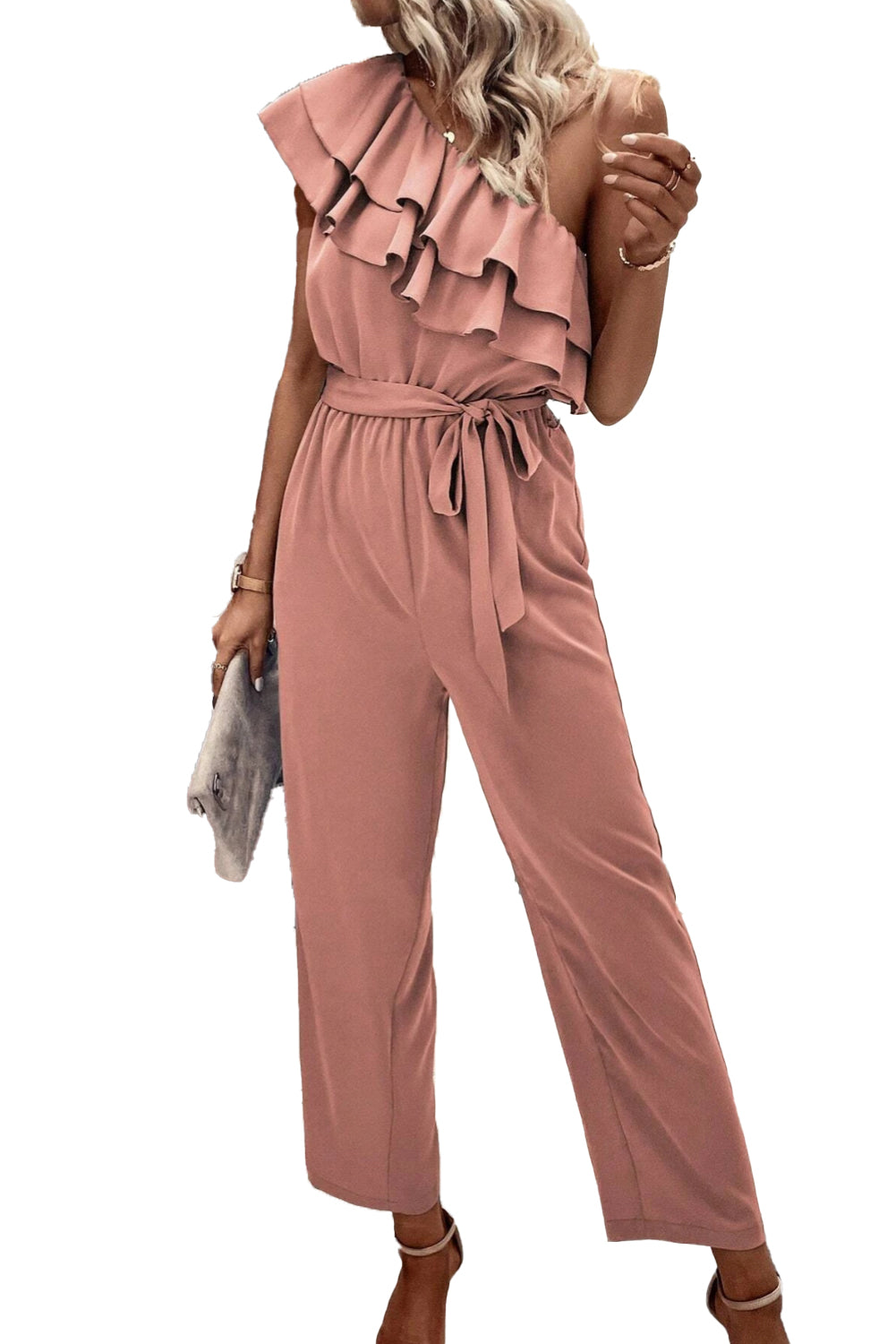 Dusty Pink Asymmetric Shoulder Ruffle Trim Belted Jumpsuit - ThingsWeUseAndLove 