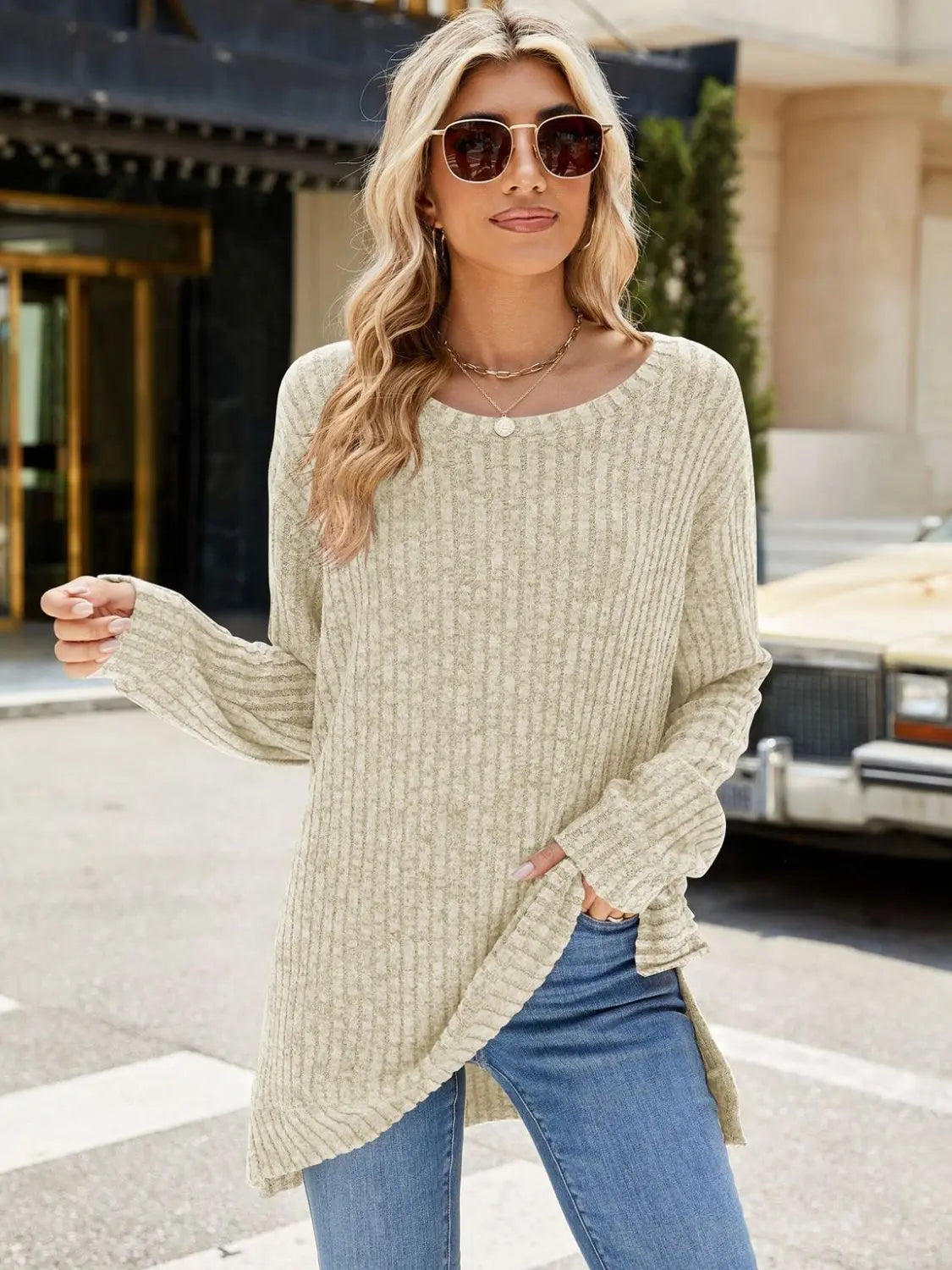 Round Neck Long Sleeve Sweater - ThingsWeUseAndLove Cream-2XL