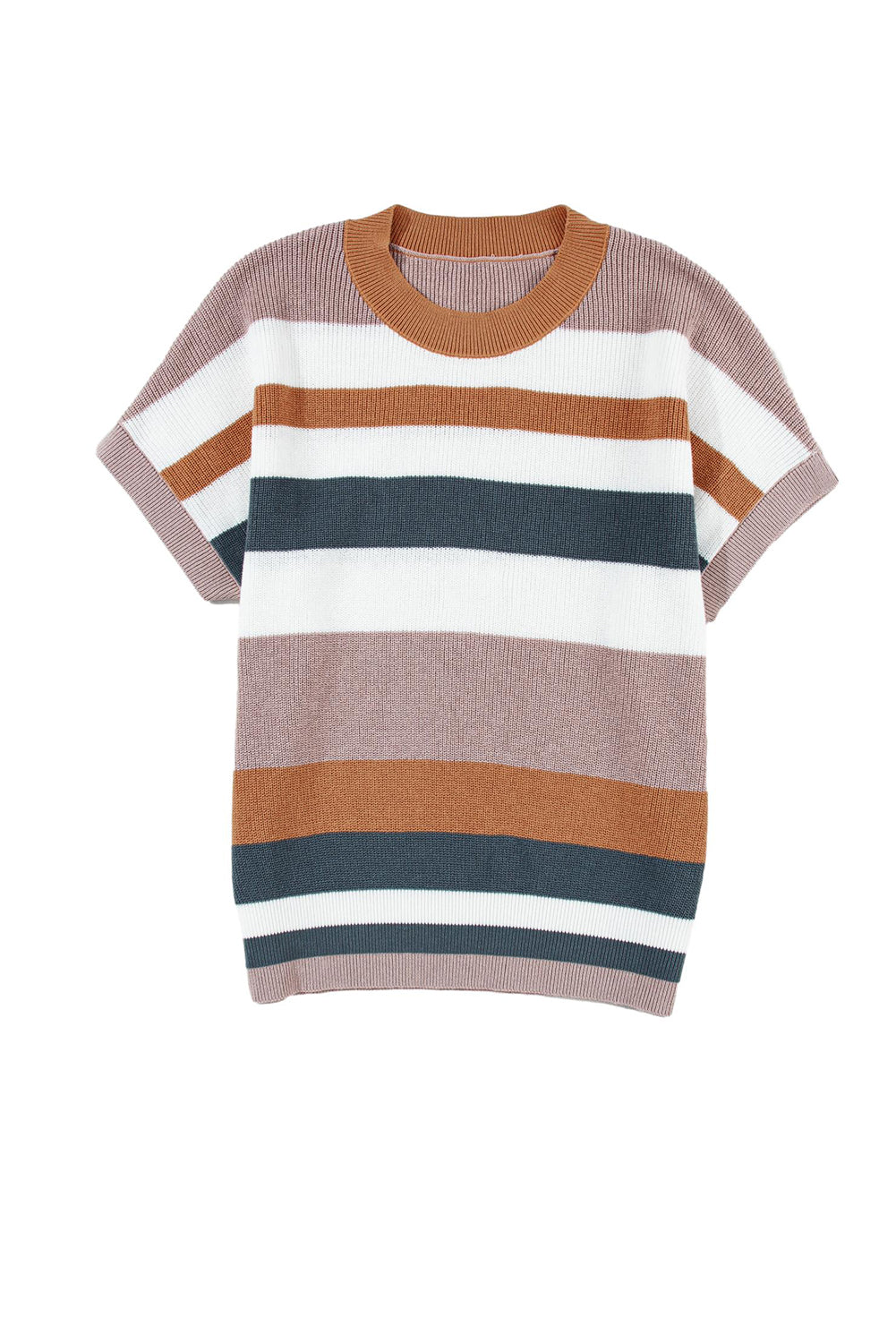 Camel Striped Colorblock Knit Short Sleeve T-shirt - ThingsWeUseAndLove 