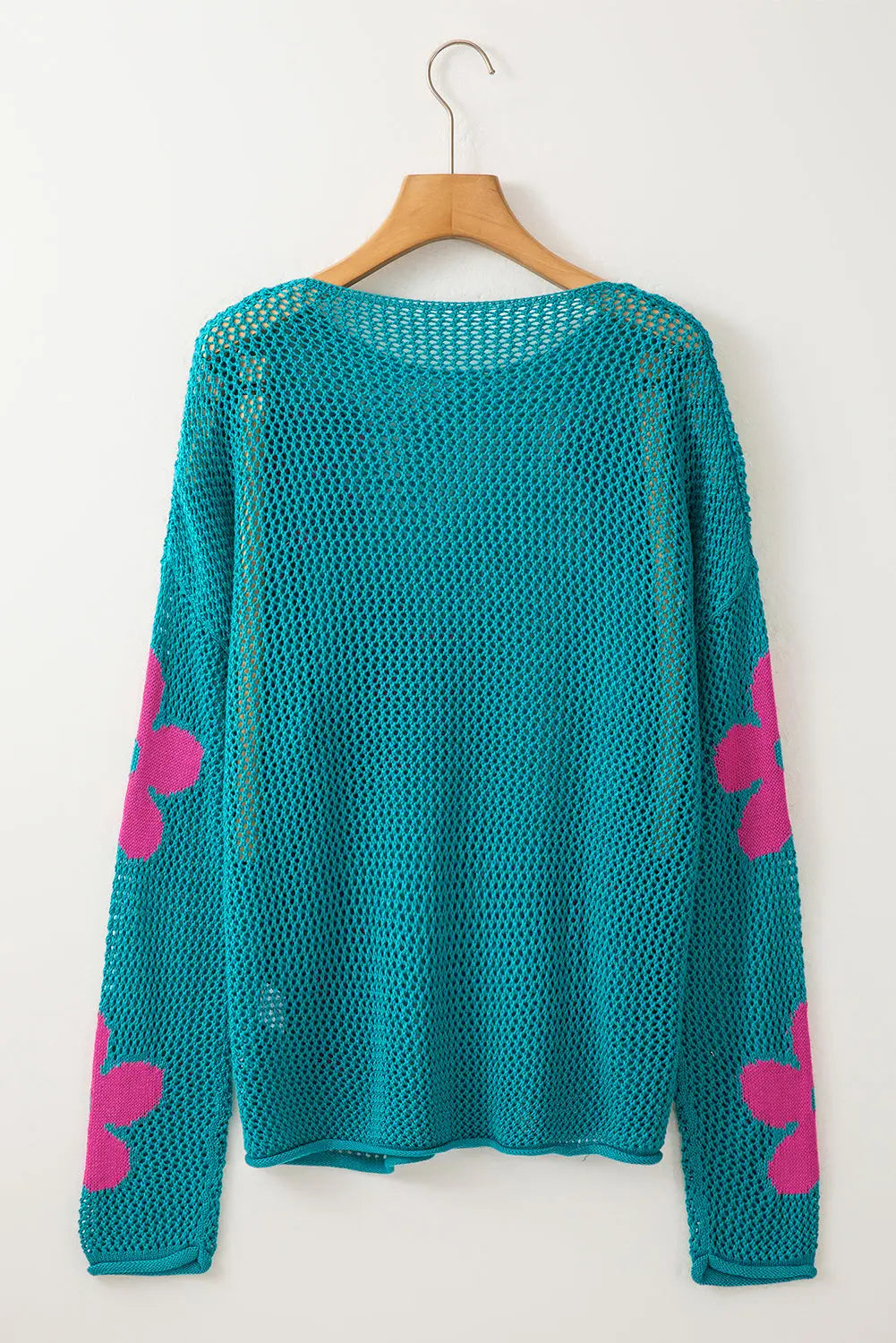 Sea Green 60s Flower Drop Shoulder Hollow Knit Top - ThingsWeUseAndLove 