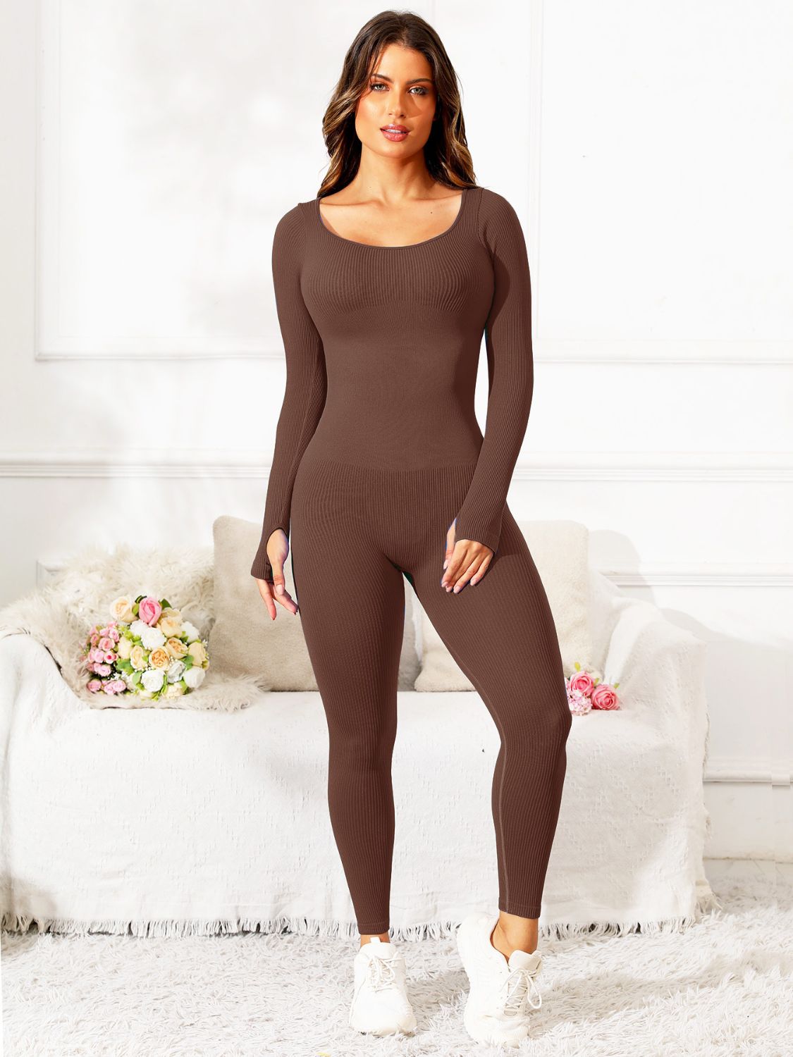 Fit & Fab Scoop Neck Long Sleeve Active Jumpsuit - ThingsWeUseAndLove Black-L