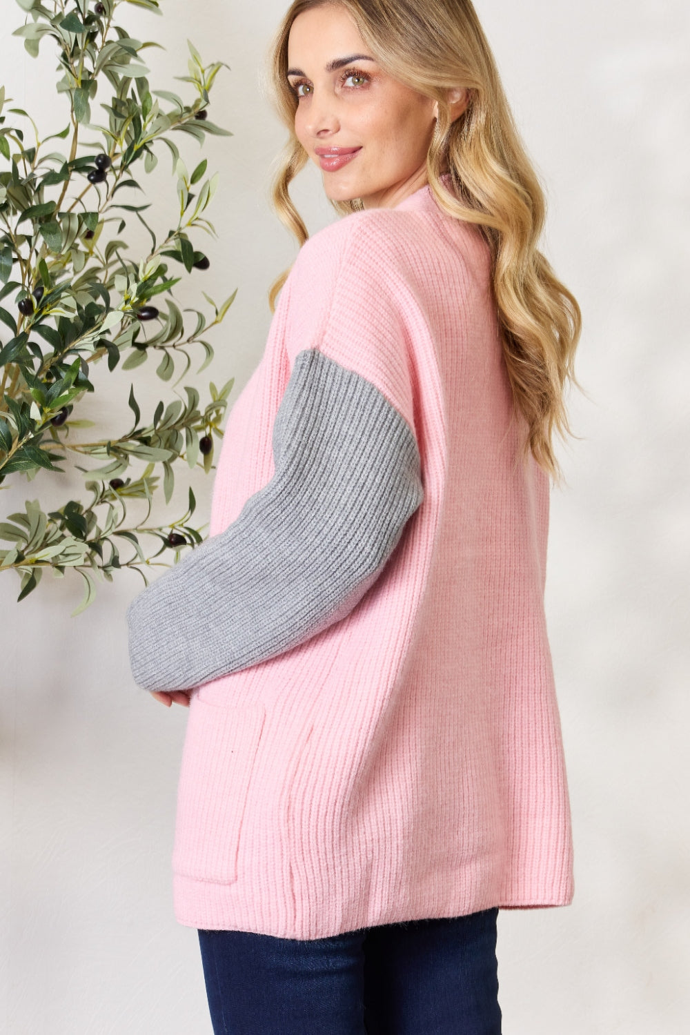 Grey/Blush Open Front Cardigan with Pockets - ThingsWeUseAndLove