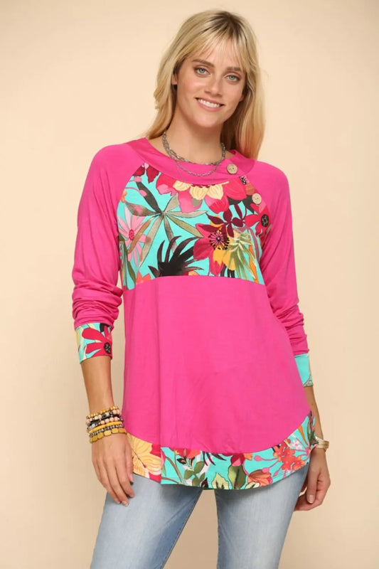 Kit Size Inclusive Tropical Print Long Sleeve T-Shirt - ThingsWeUseAndLove Fuchsia-3XL