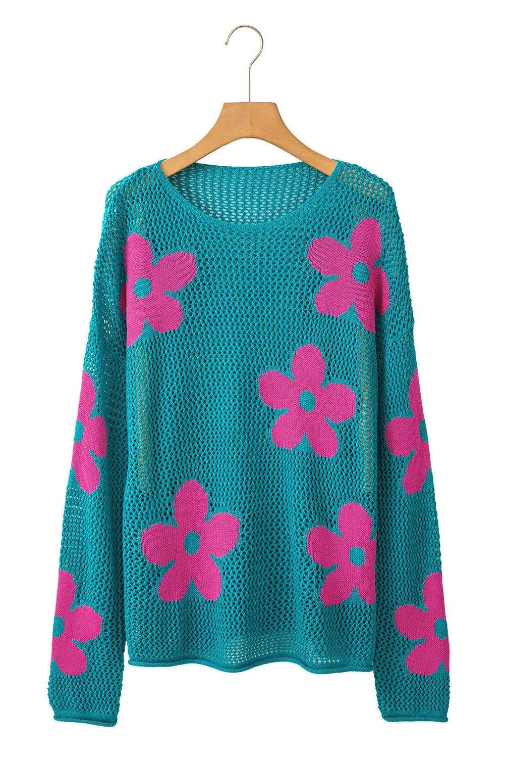 Sea Green 60s Flower Drop Shoulder Hollow Knit Top - ThingsWeUseAndLove 