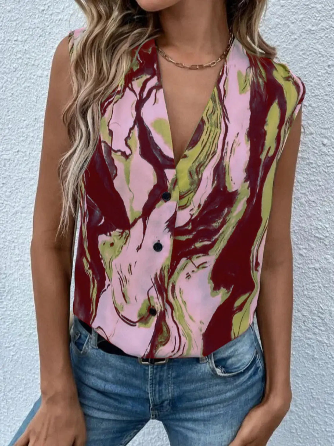 Hannah Size Inclusive Printed Button Up Tank - ThingsWeUseAndLove Burgundy-4XL