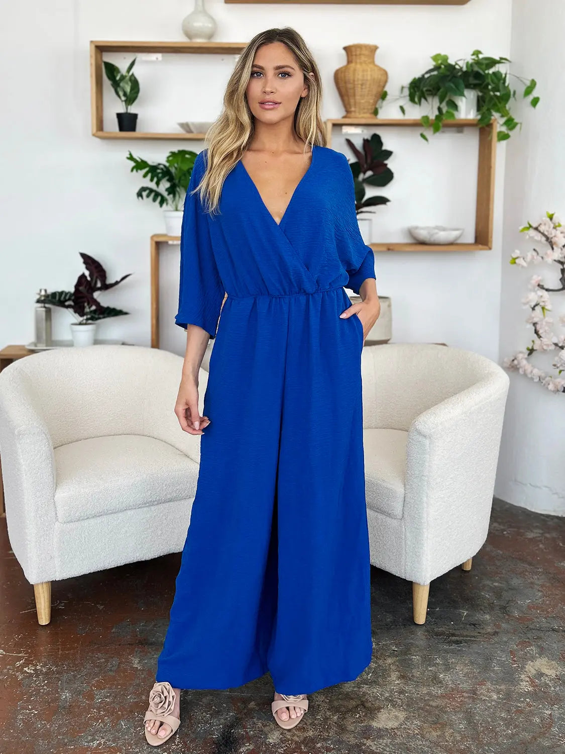Size Inclusive Surplice Wide Leg Jumpsuit with Pockets - ThingsWeUseAndLove 