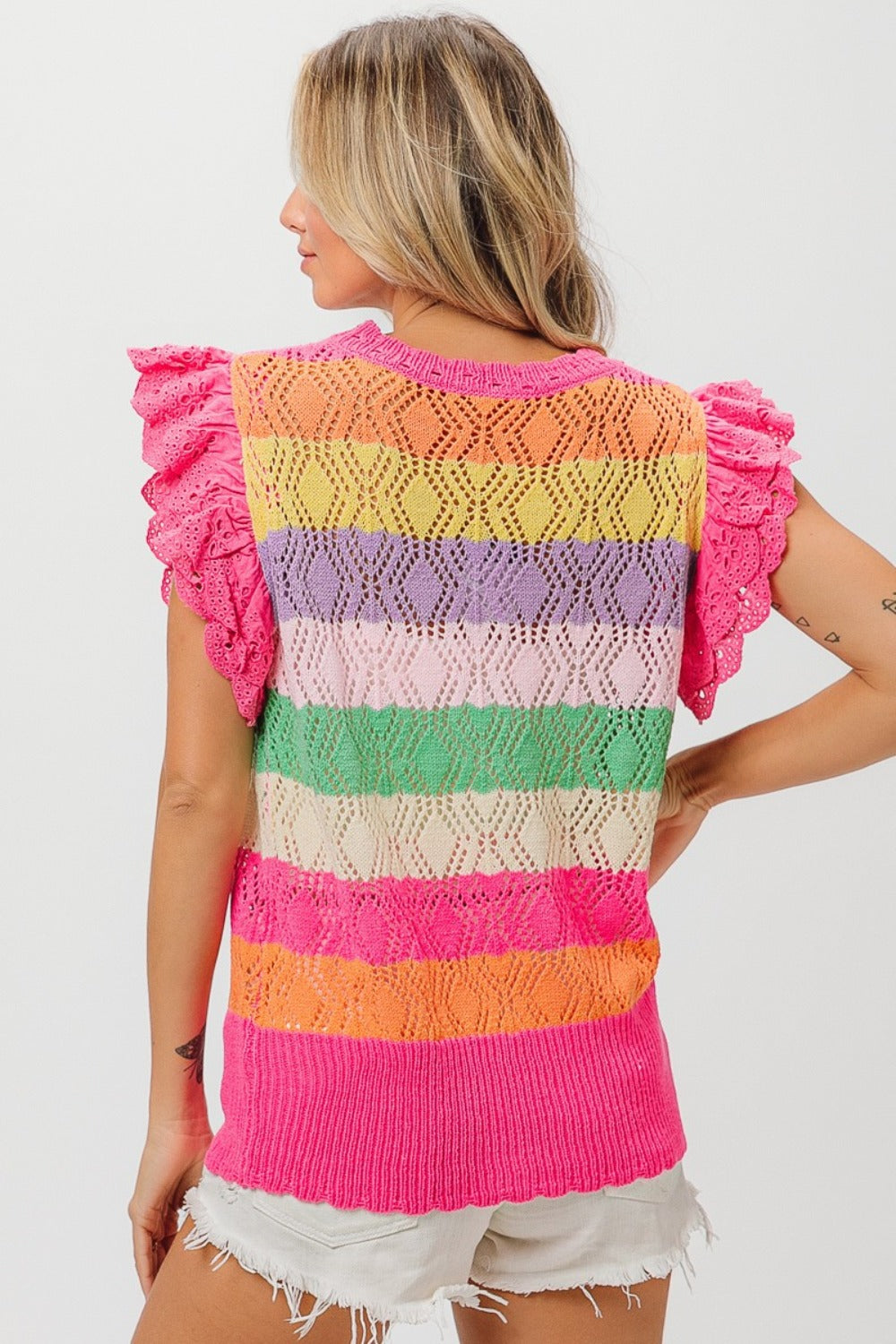 Rainbow  Striped Ruffled Knit Top - ThingsWeUseAndLove 