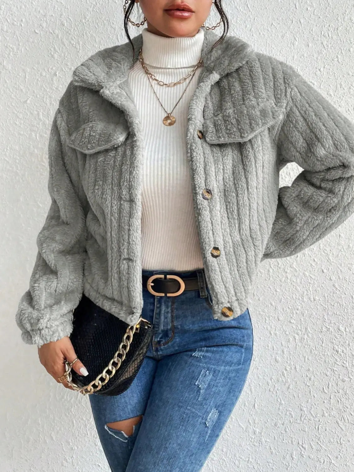 Lippy Fuzzy Button Up Collared Neck Jacket - ThingsWeUseAndLove 